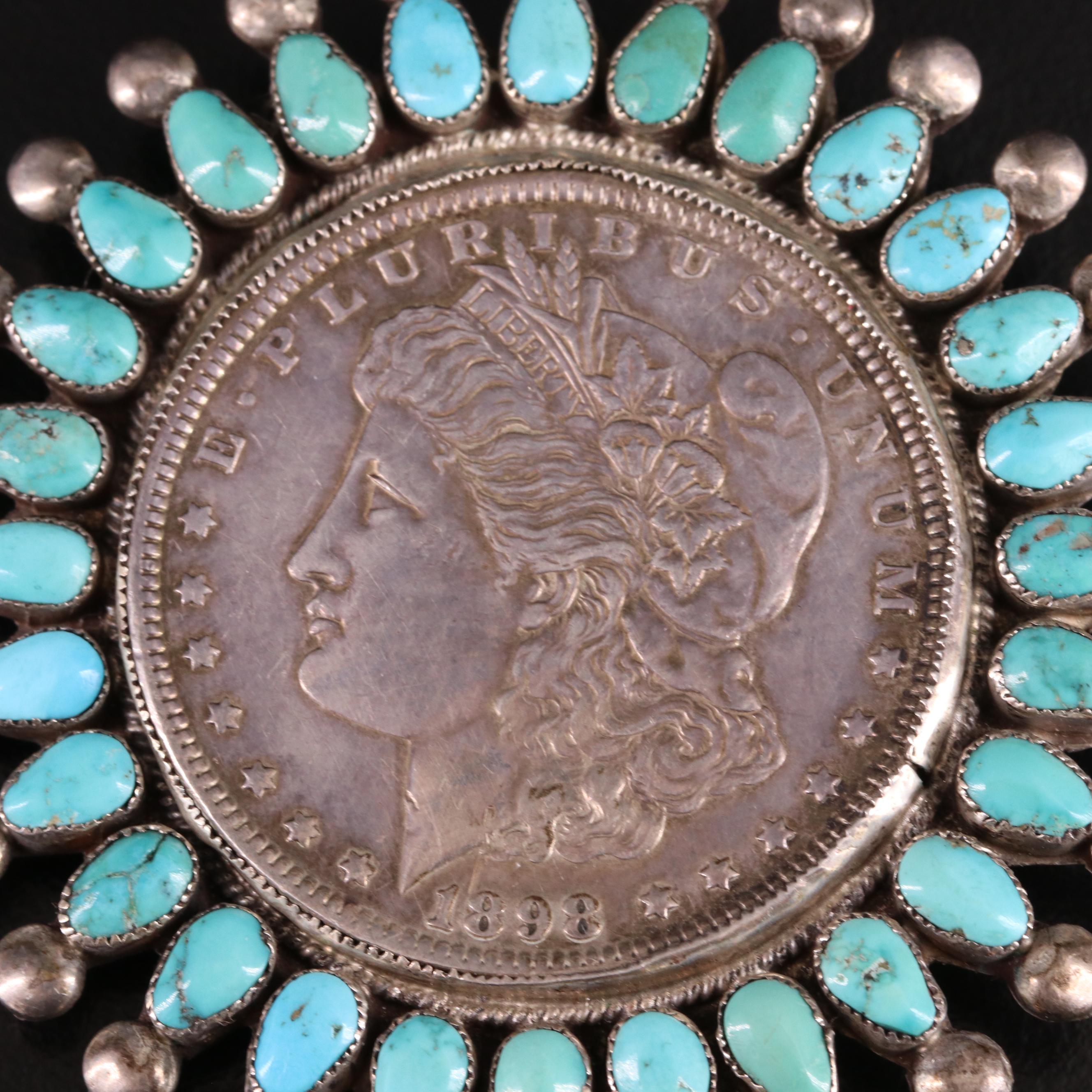 Southwestern Sterling Turquoise Pendant with 1898 Morgan Silver Dollar