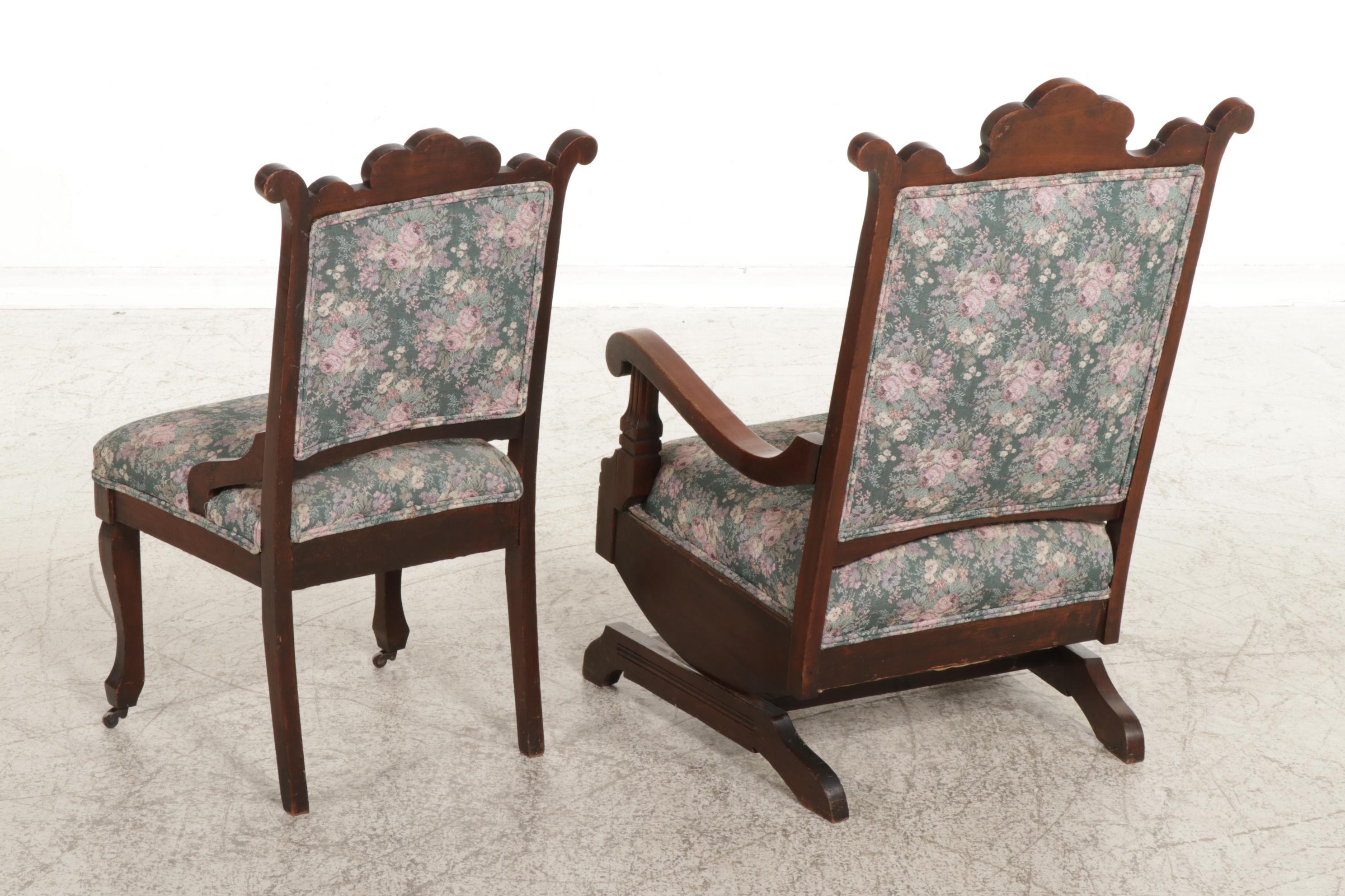 Victorian Carved Walnut Chair and Platform Rocker, Late 19th/ Early 20th Century