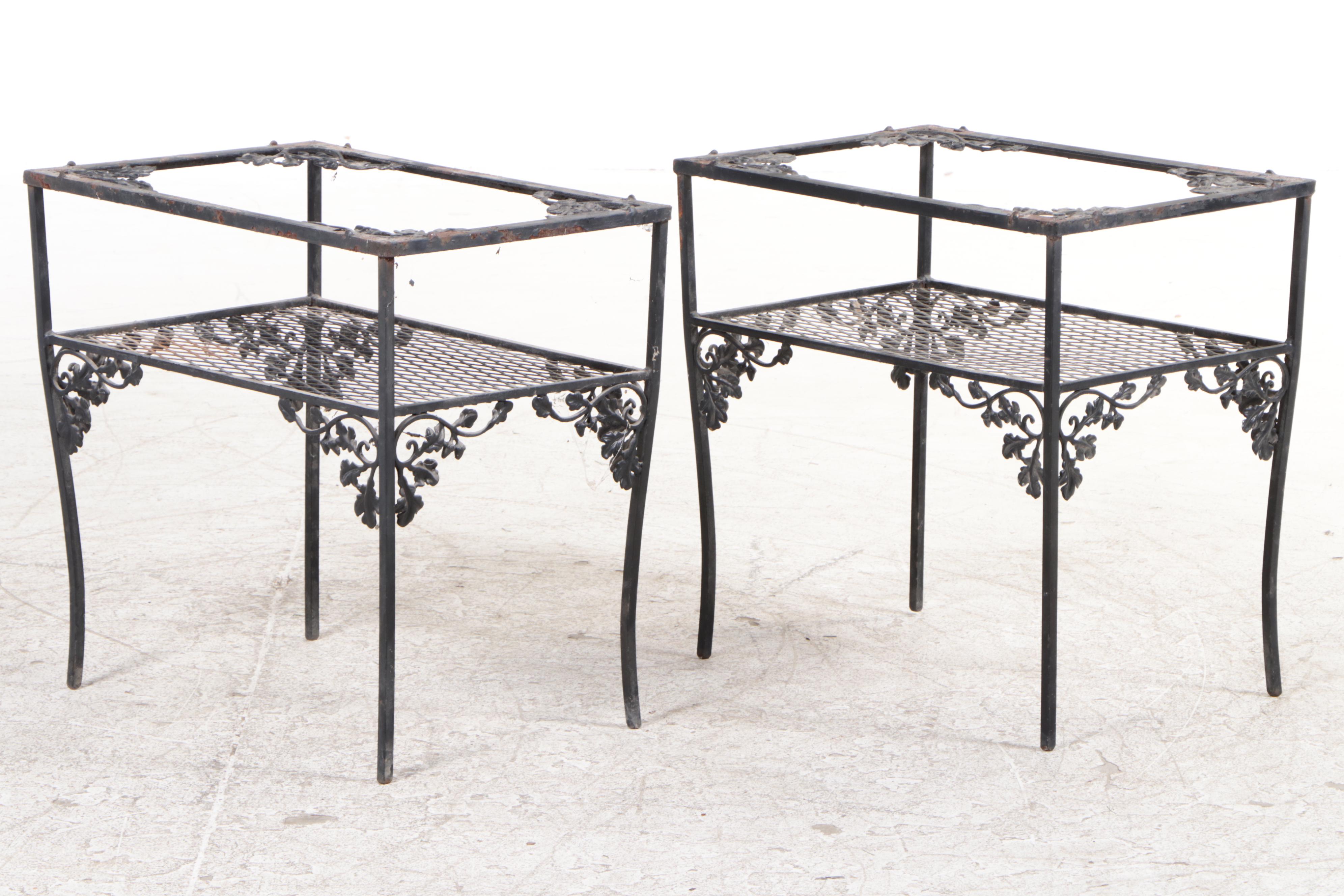 Pair of Cast Iron and Diamond Mesh Patio Side Tables