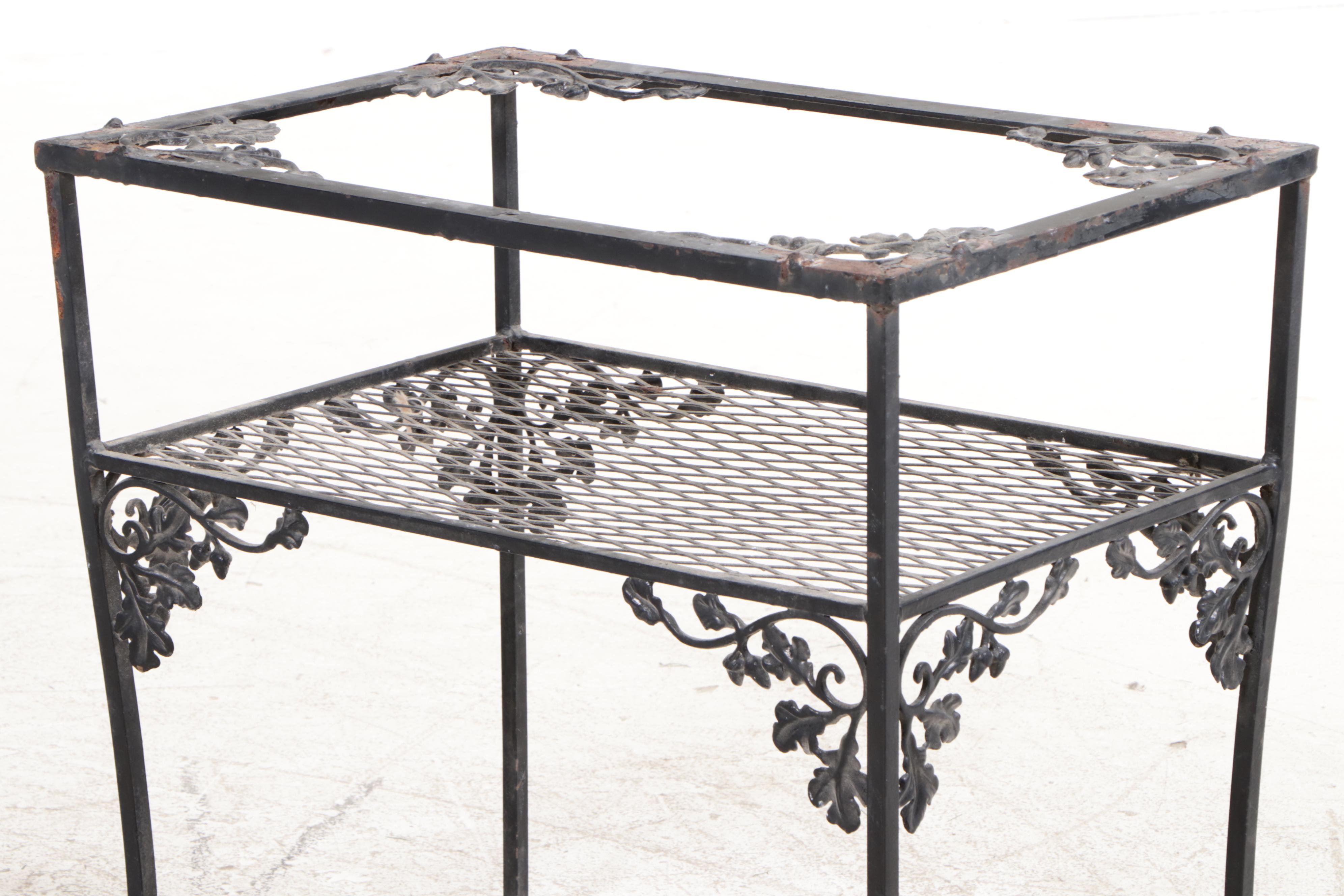 Pair of Cast Iron and Diamond Mesh Patio Side Tables