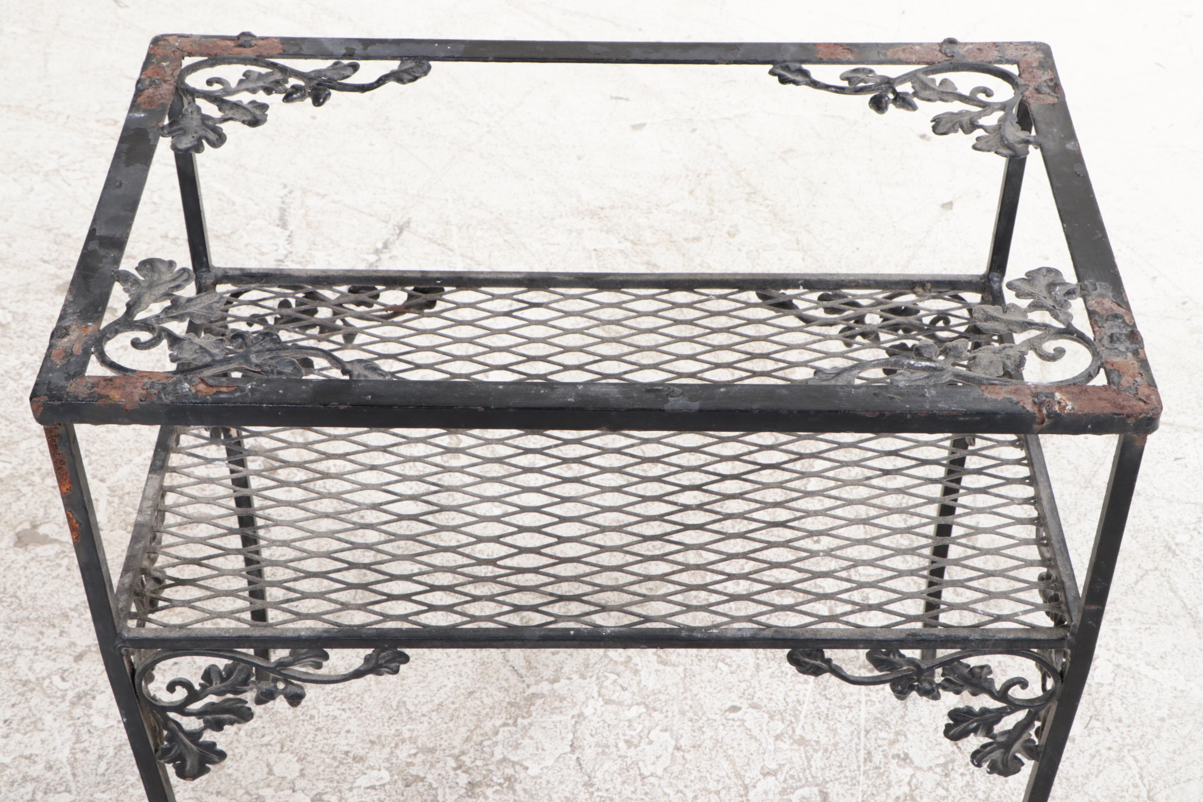Pair of Cast Iron and Diamond Mesh Patio Side Tables