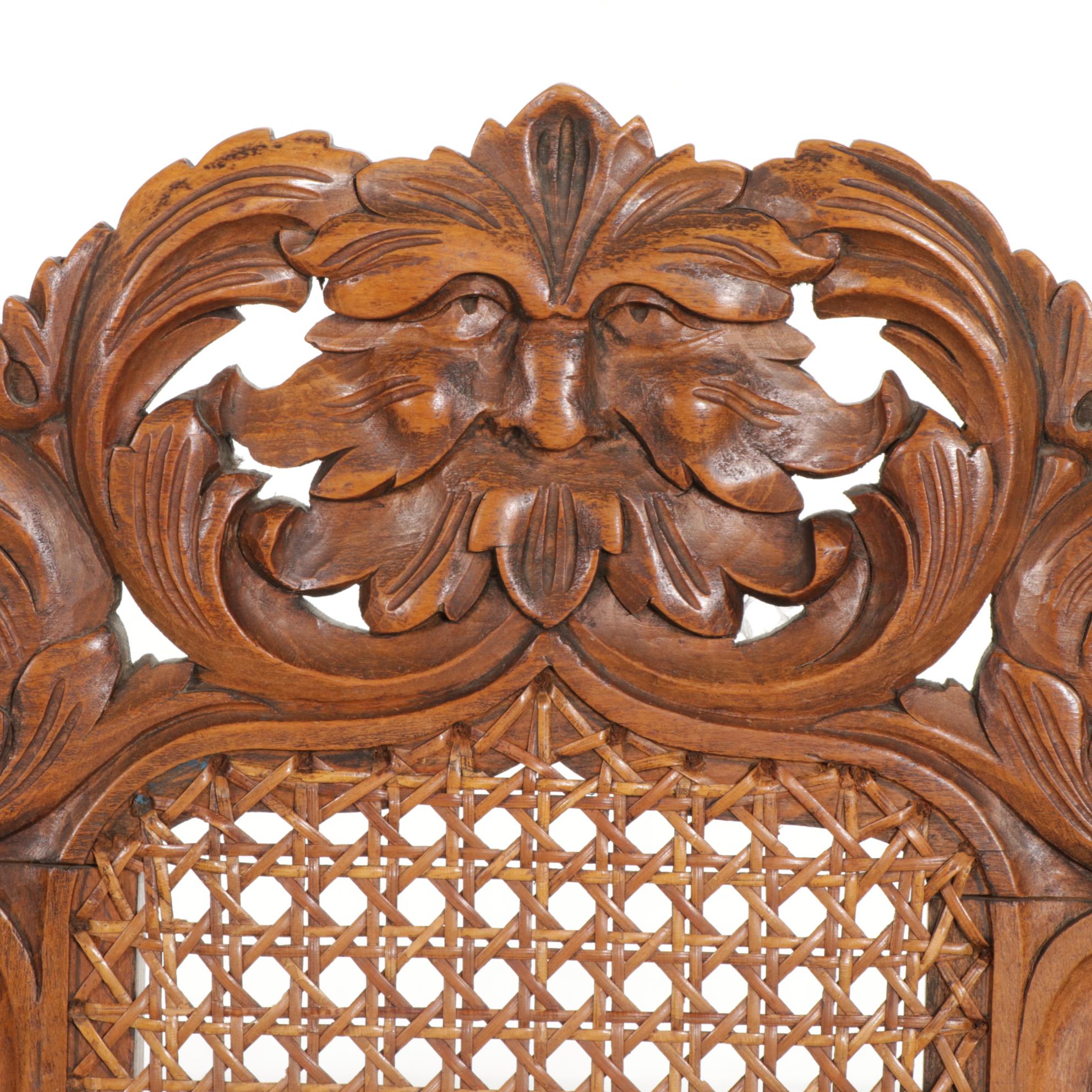 English Style Carved Wood Green Man Chair with Cane Back and Seat