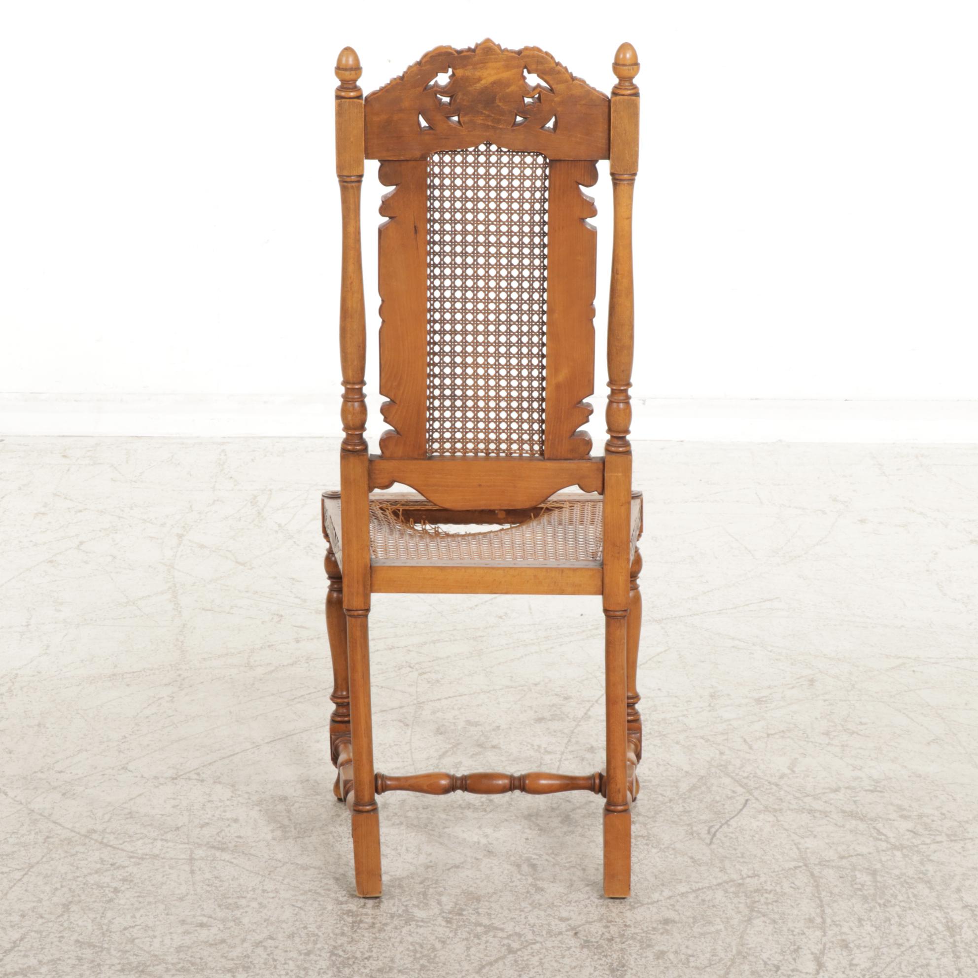 English Style Carved Wood Green Man Chair with Cane Back and Seat