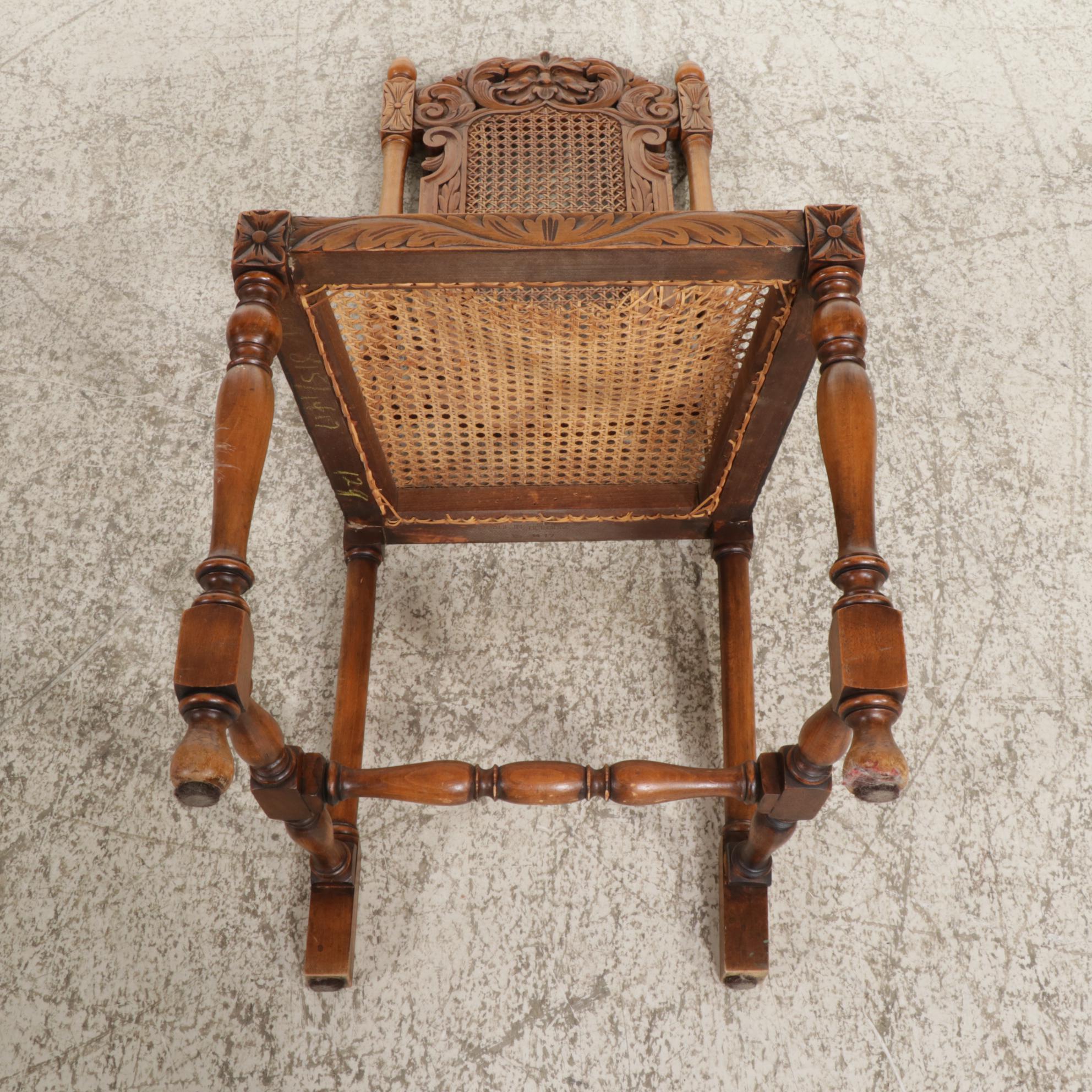 English Style Carved Wood Green Man Chair with Cane Back and Seat
