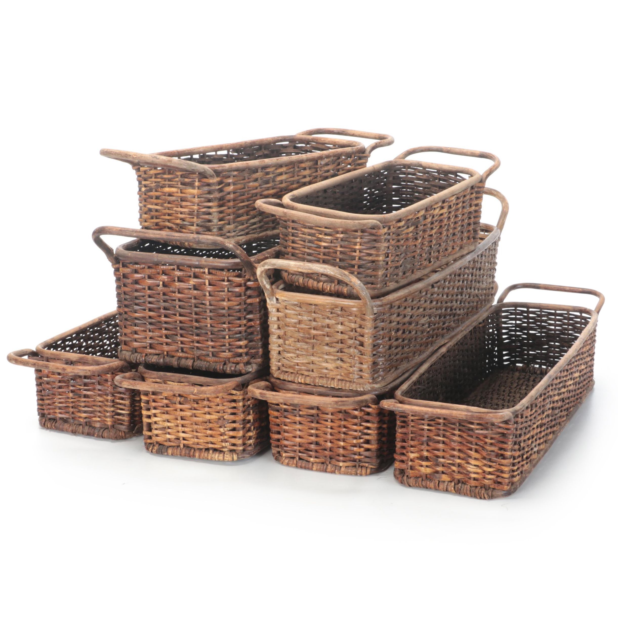 Wicker Woven Branch Handled Rectangular Baskets