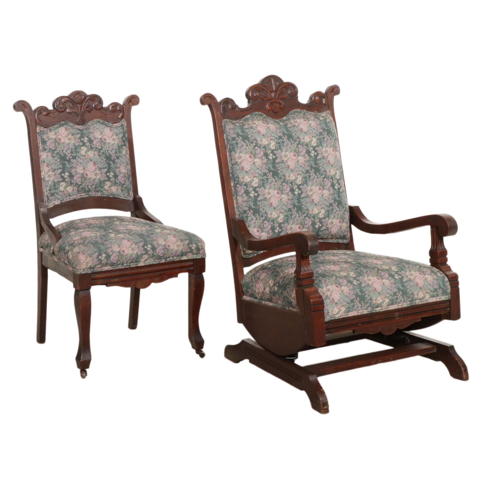 Victorian Carved Walnut Chair and Platform Rocker, Late 19th/ Early 20th Century