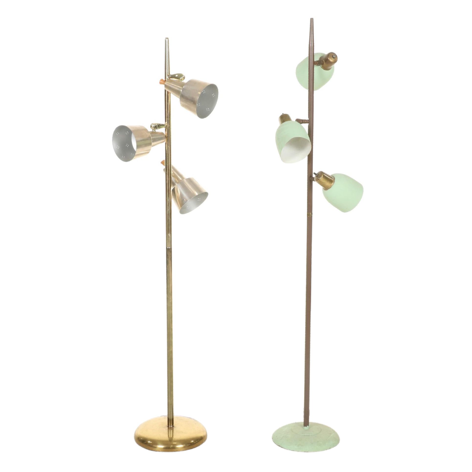 MCM Brass and Mint Green Three-Light Floor Lamps