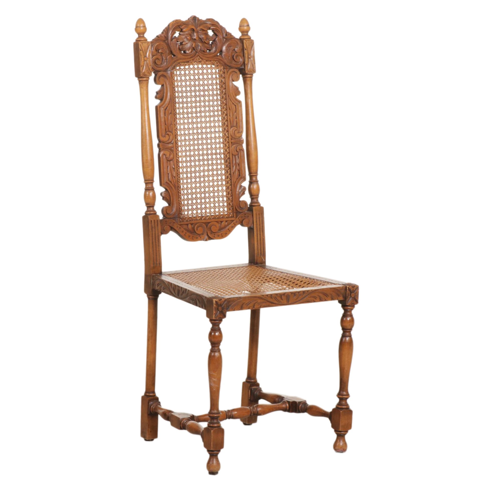 English Style Carved Wood Green Man Chair with Cane Back and Seat
