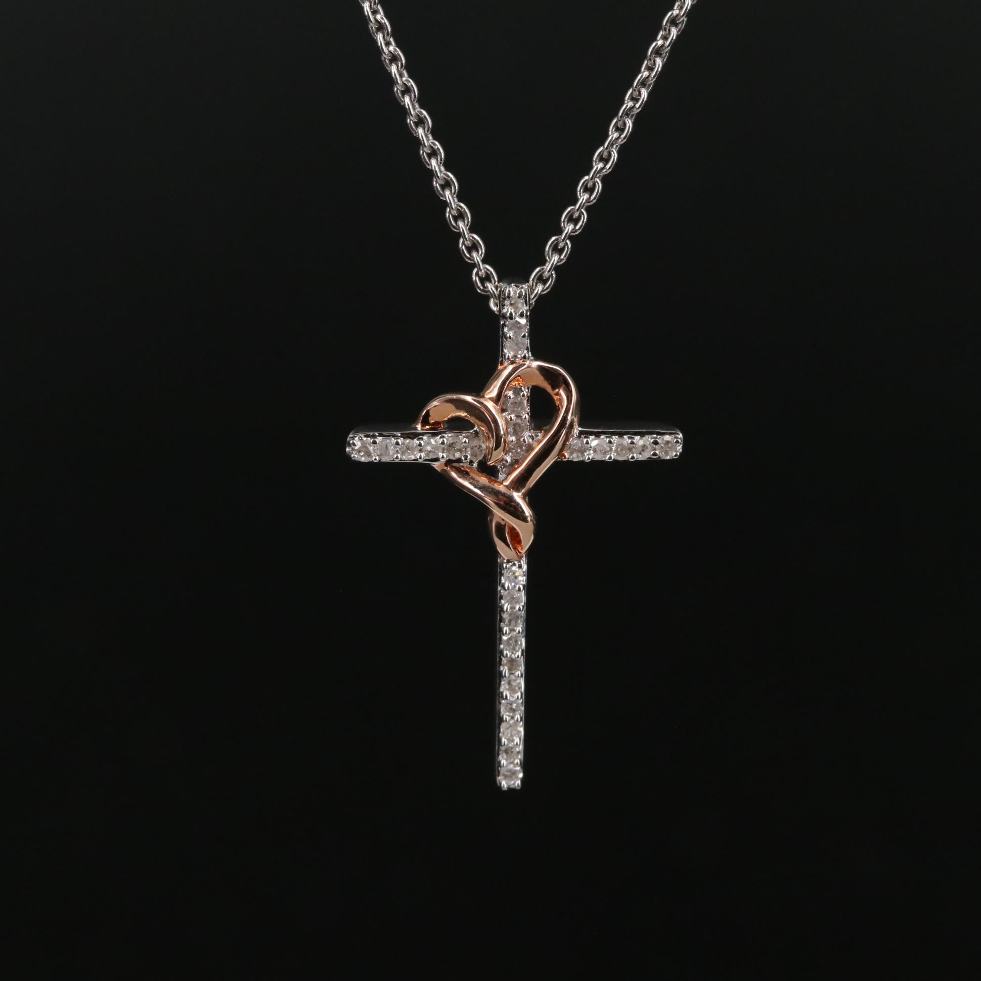 Sterling Diamond Cross with Heart Pendant Necklace