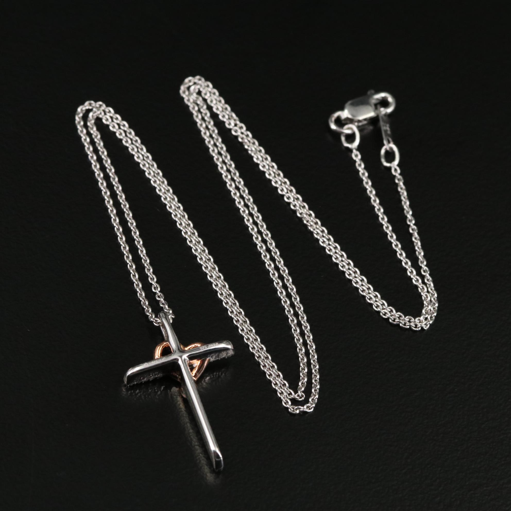 Sterling Diamond Cross with Heart Pendant Necklace