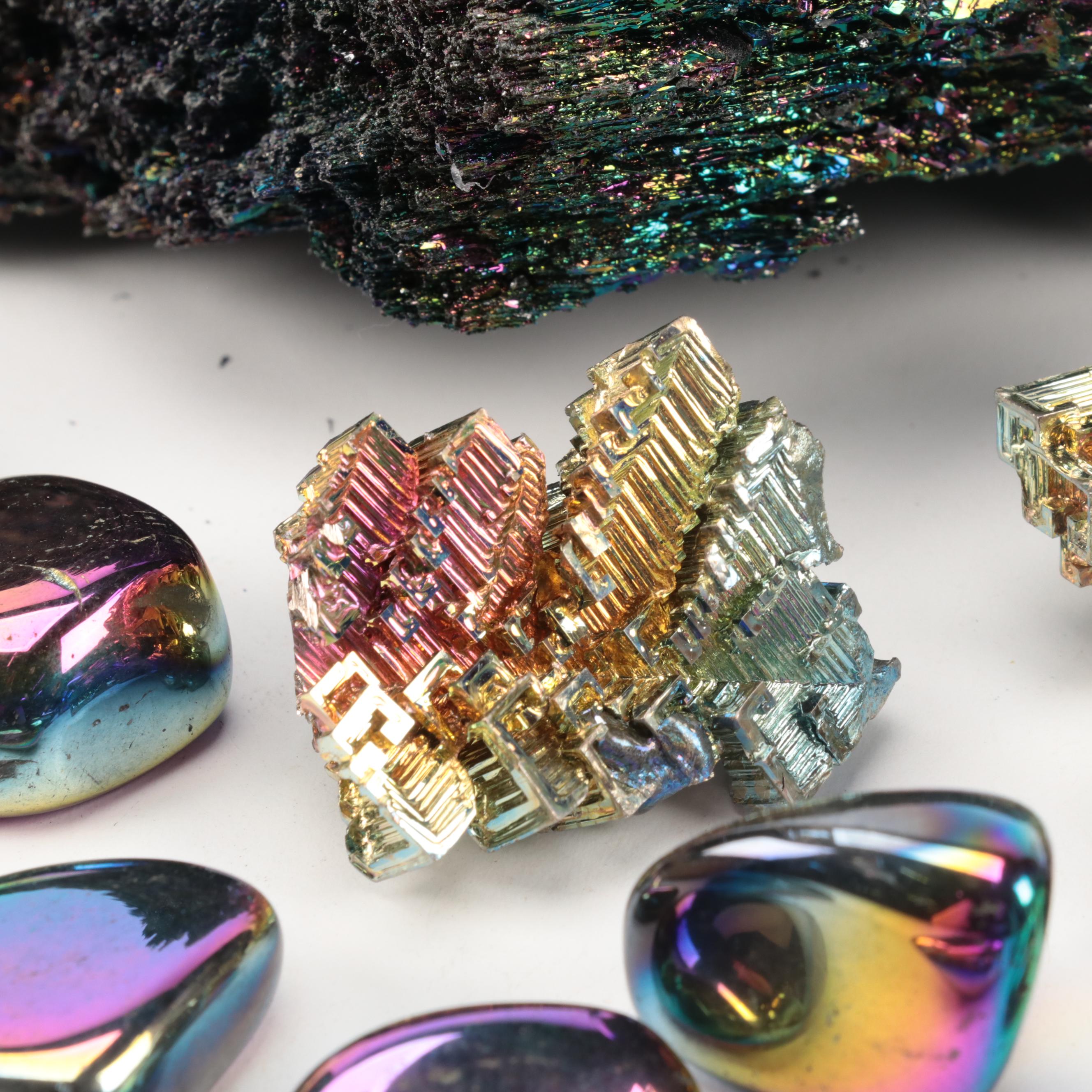 Polished and Raw Bismuth and Titanium Quartz Mineral Specimens