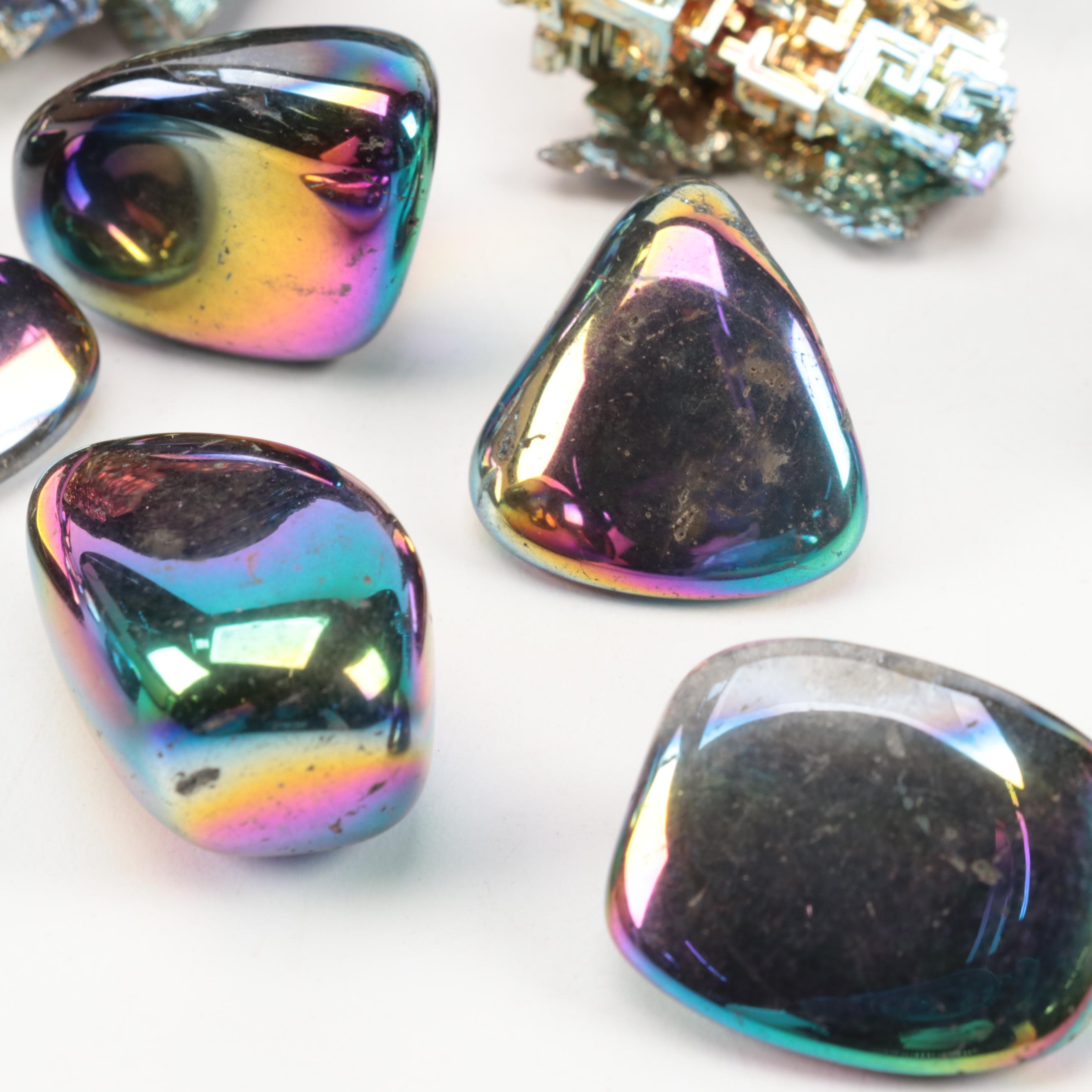 Polished and Raw Bismuth and Titanium Quartz Mineral Specimens