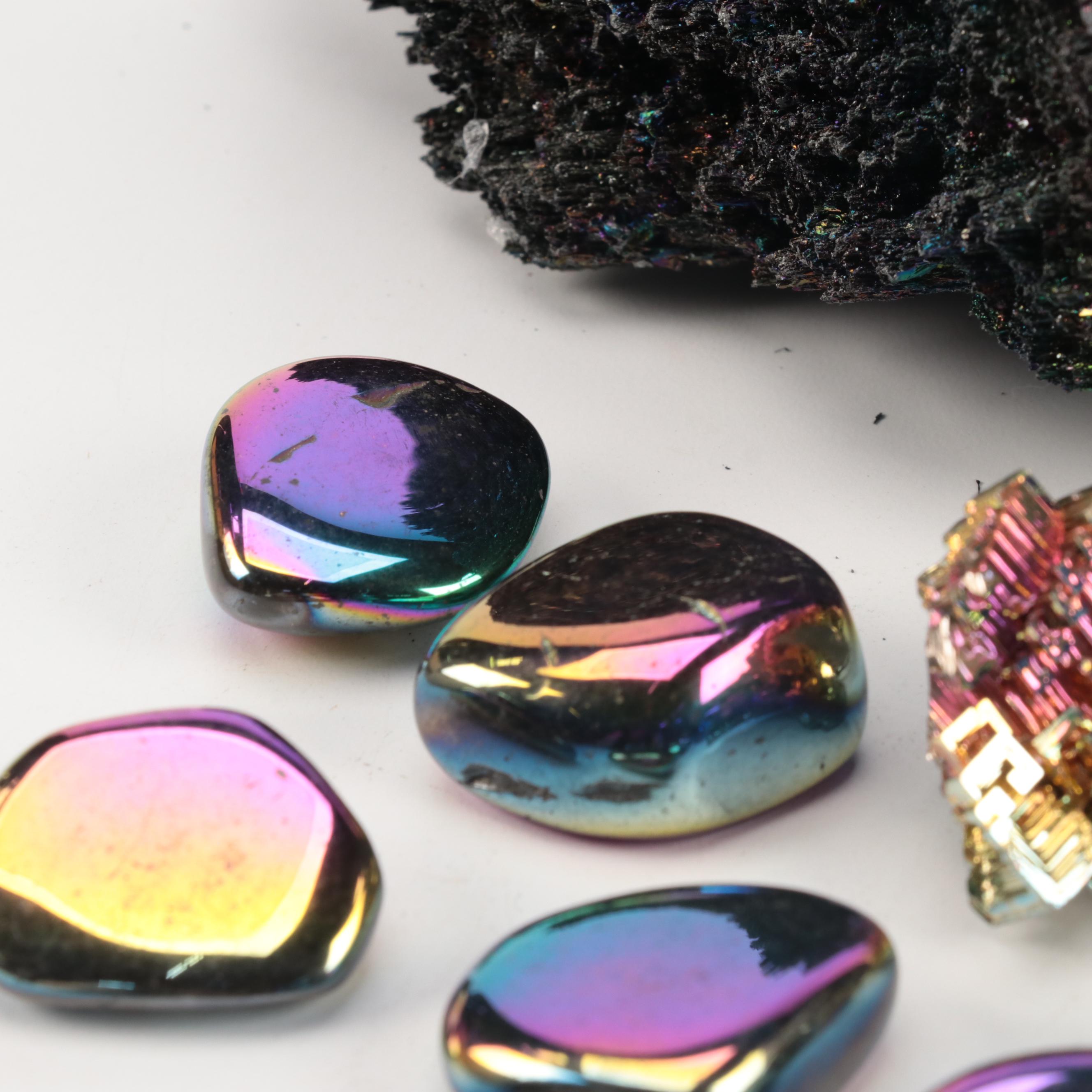 Polished and Raw Bismuth and Titanium Quartz Mineral Specimens