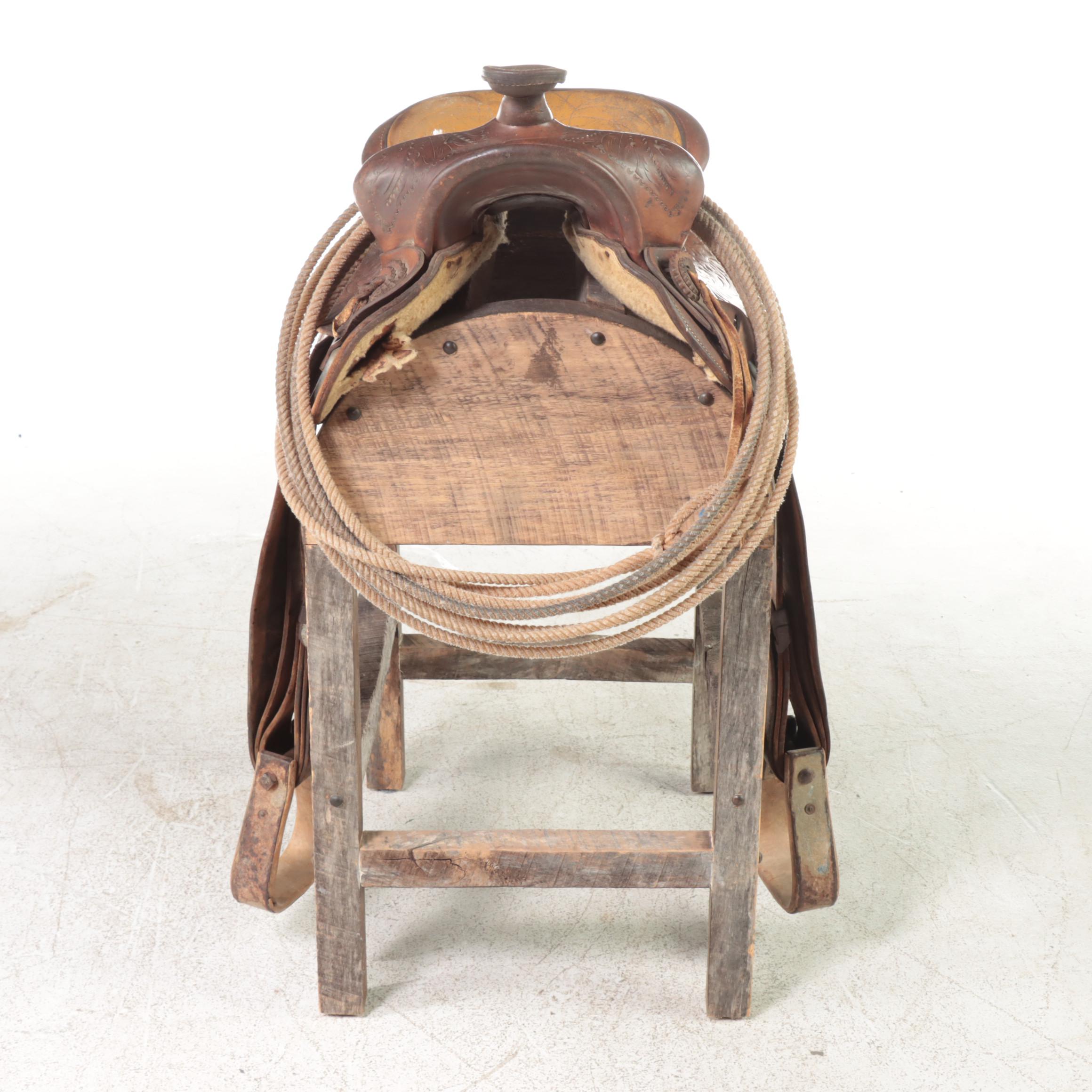 Tooled Leather Western Saddle with Stand and Roping Lasso
