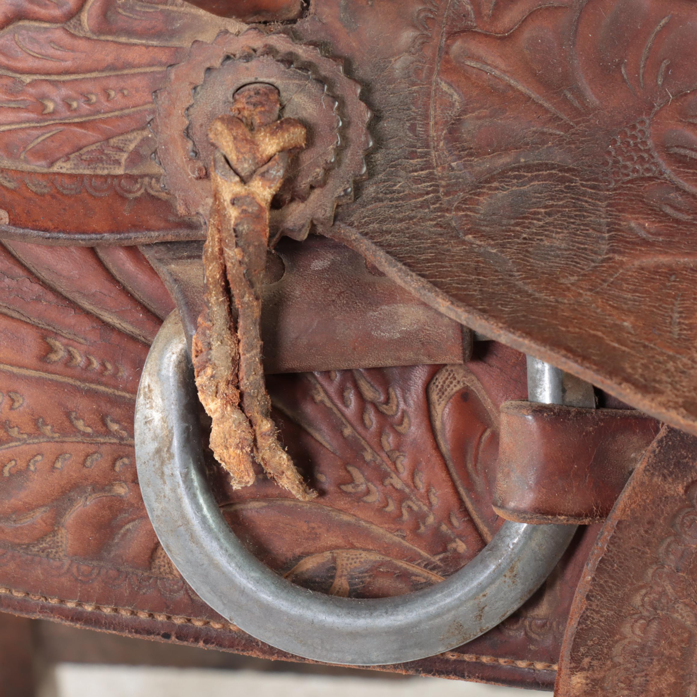 Tooled Leather Western Saddle with Stand and Roping Lasso