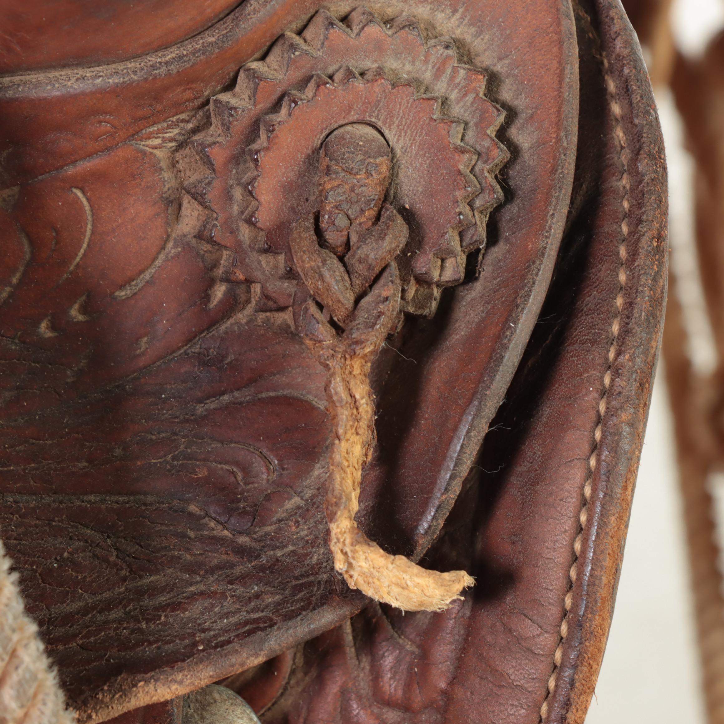 Tooled Leather Western Saddle with Stand and Roping Lasso
