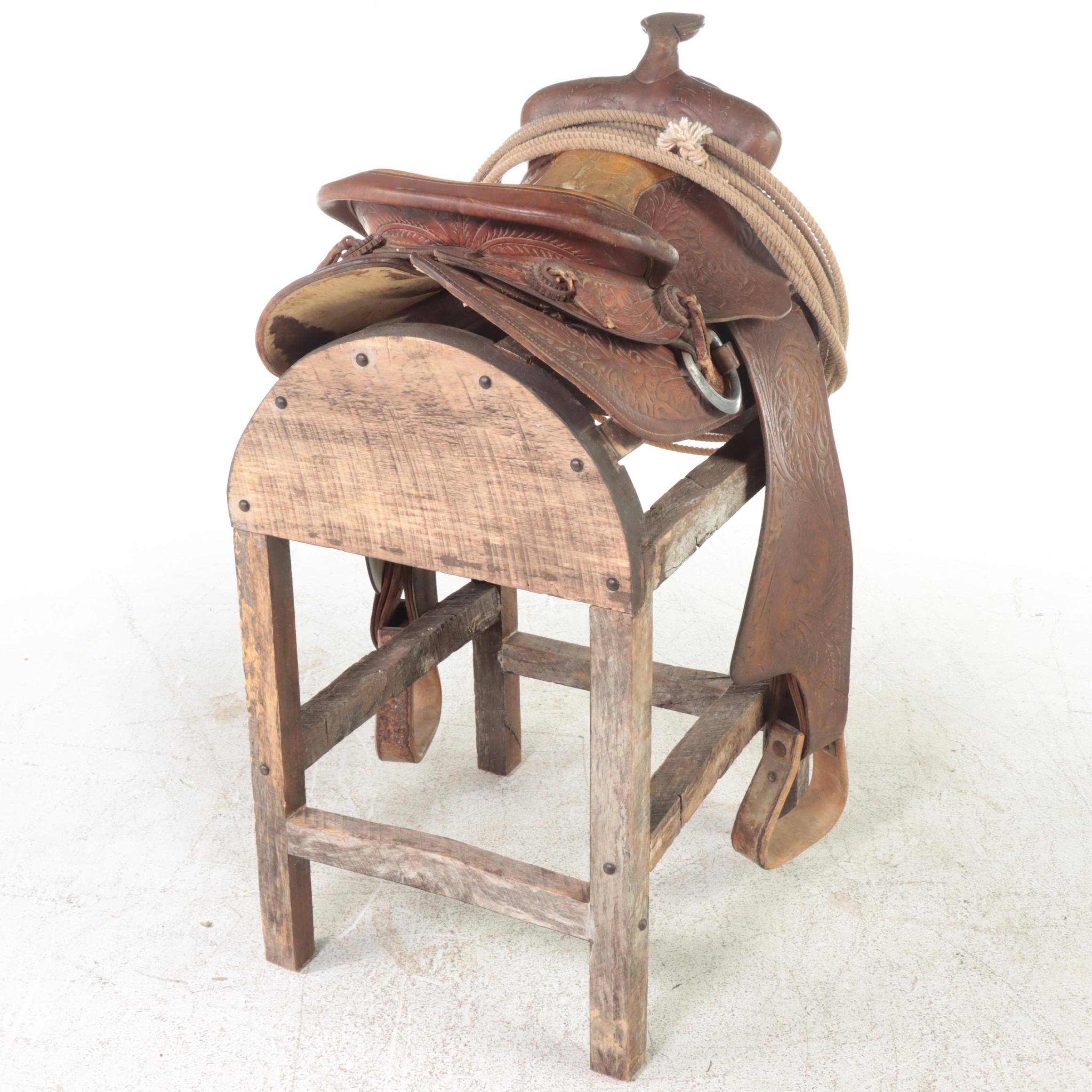 Tooled Leather Western Saddle with Stand and Roping Lasso