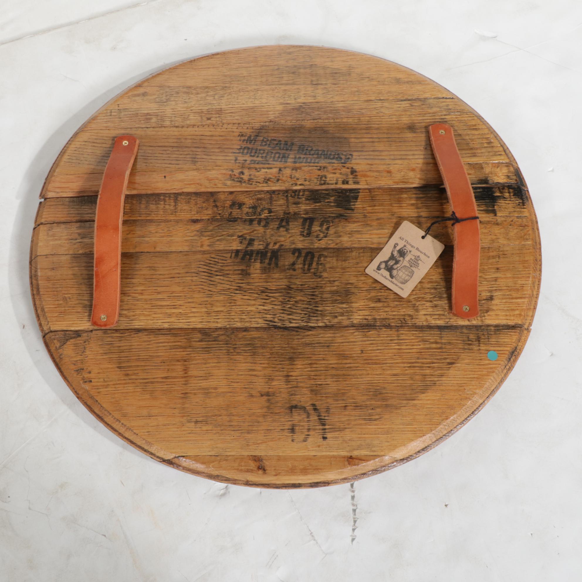 Oak Bourbon Barrel Head Tray with Metal Mounted Trunk