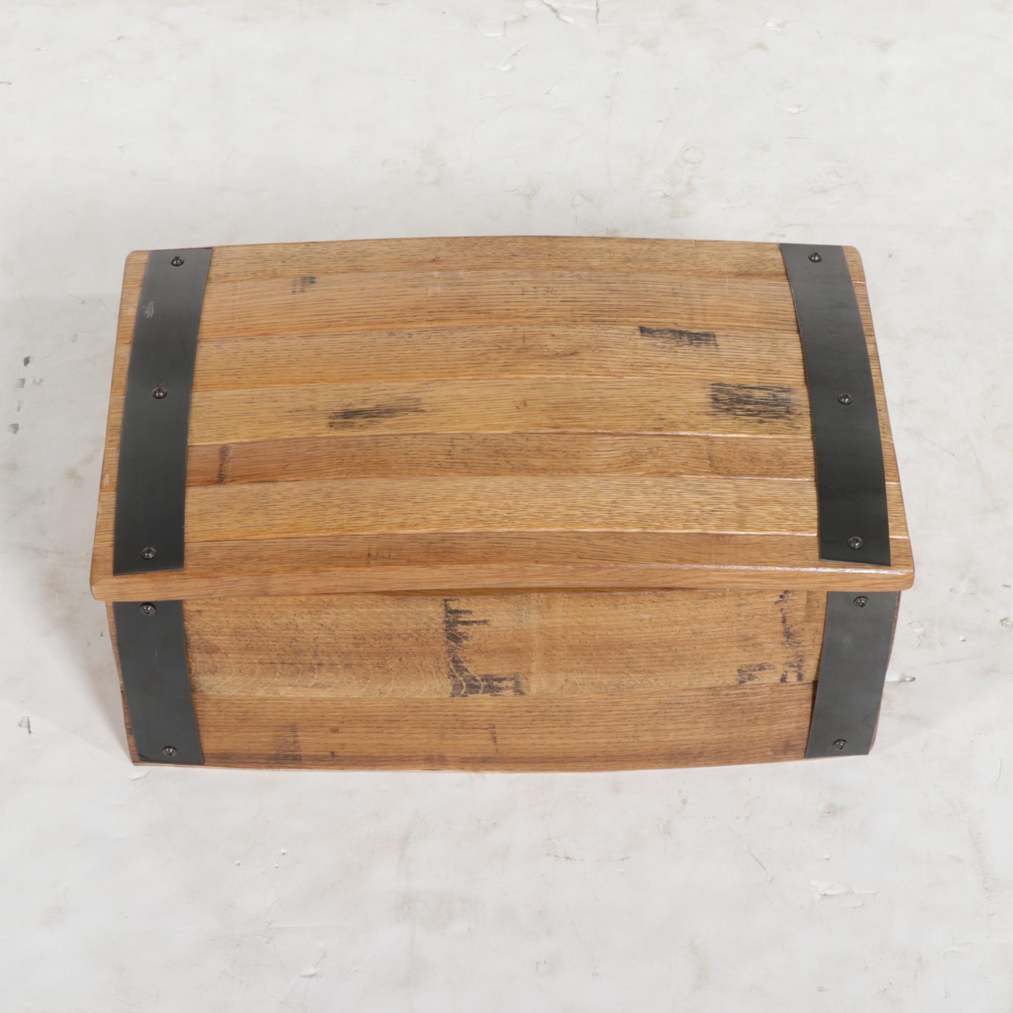 Oak Bourbon Barrel Head Tray with Metal Mounted Trunk