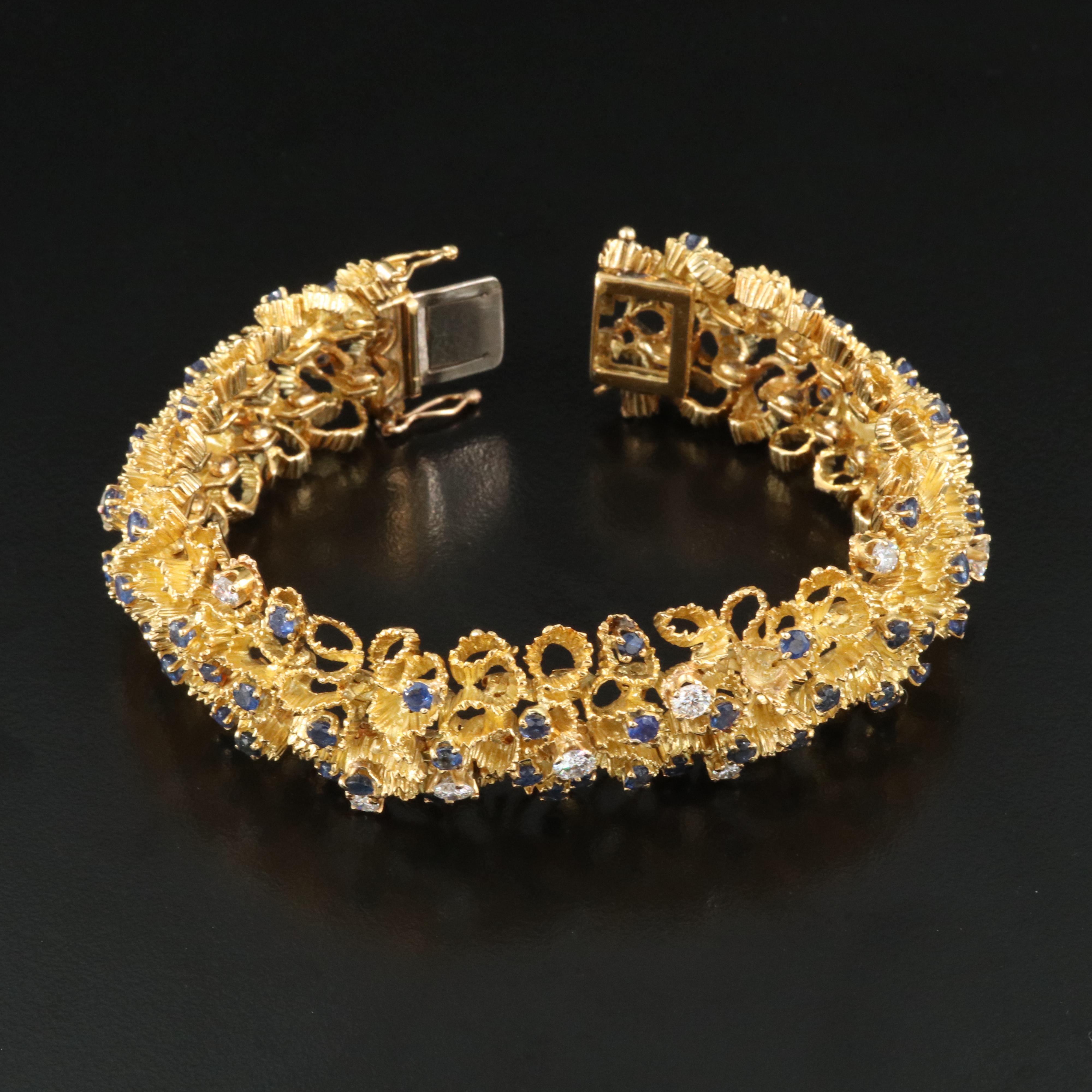 1960s 18K 1.83 CTW Diamond and Sapphire Ruffle Link Bracelet