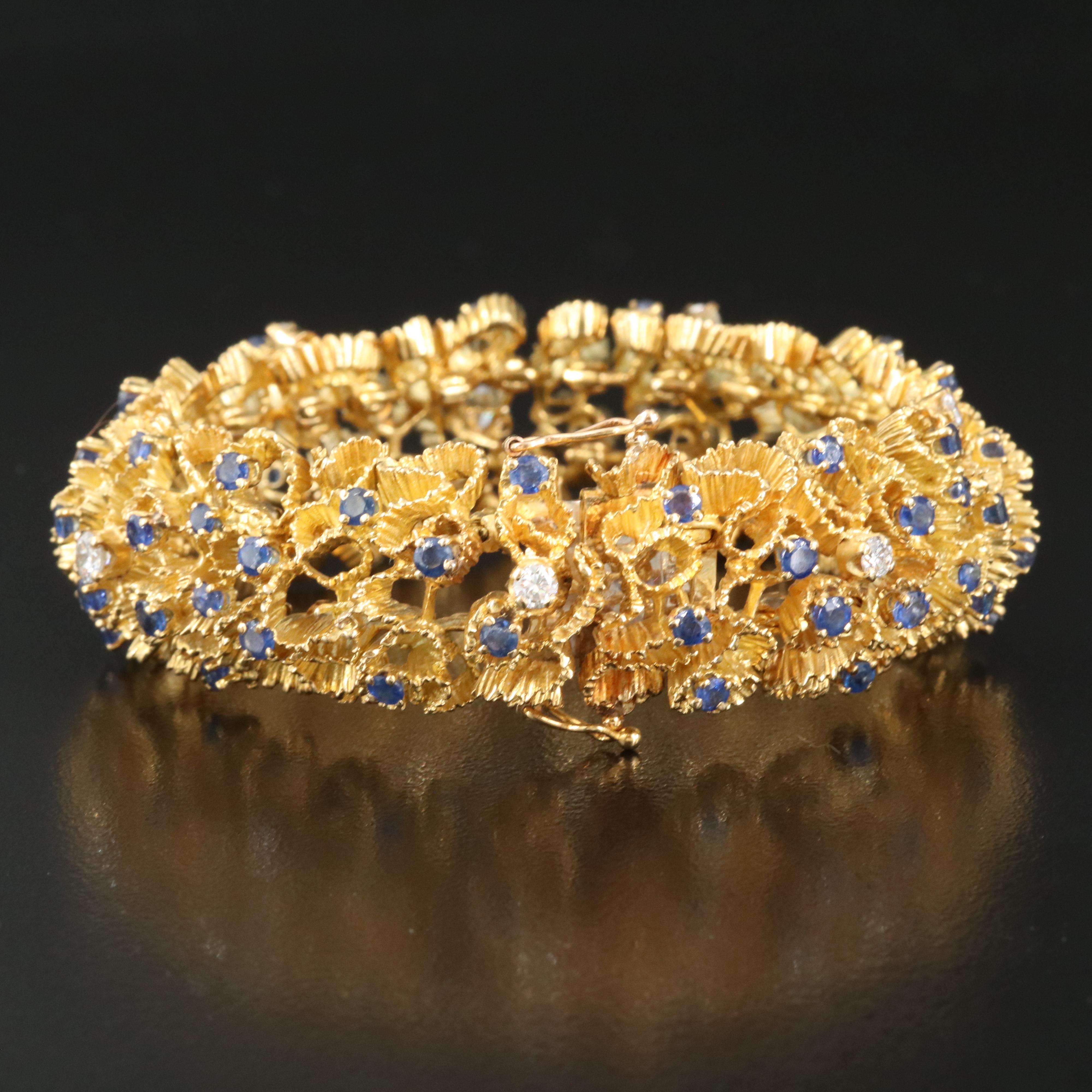 1960s 18K 1.83 CTW Diamond and Sapphire Ruffle Link Bracelet