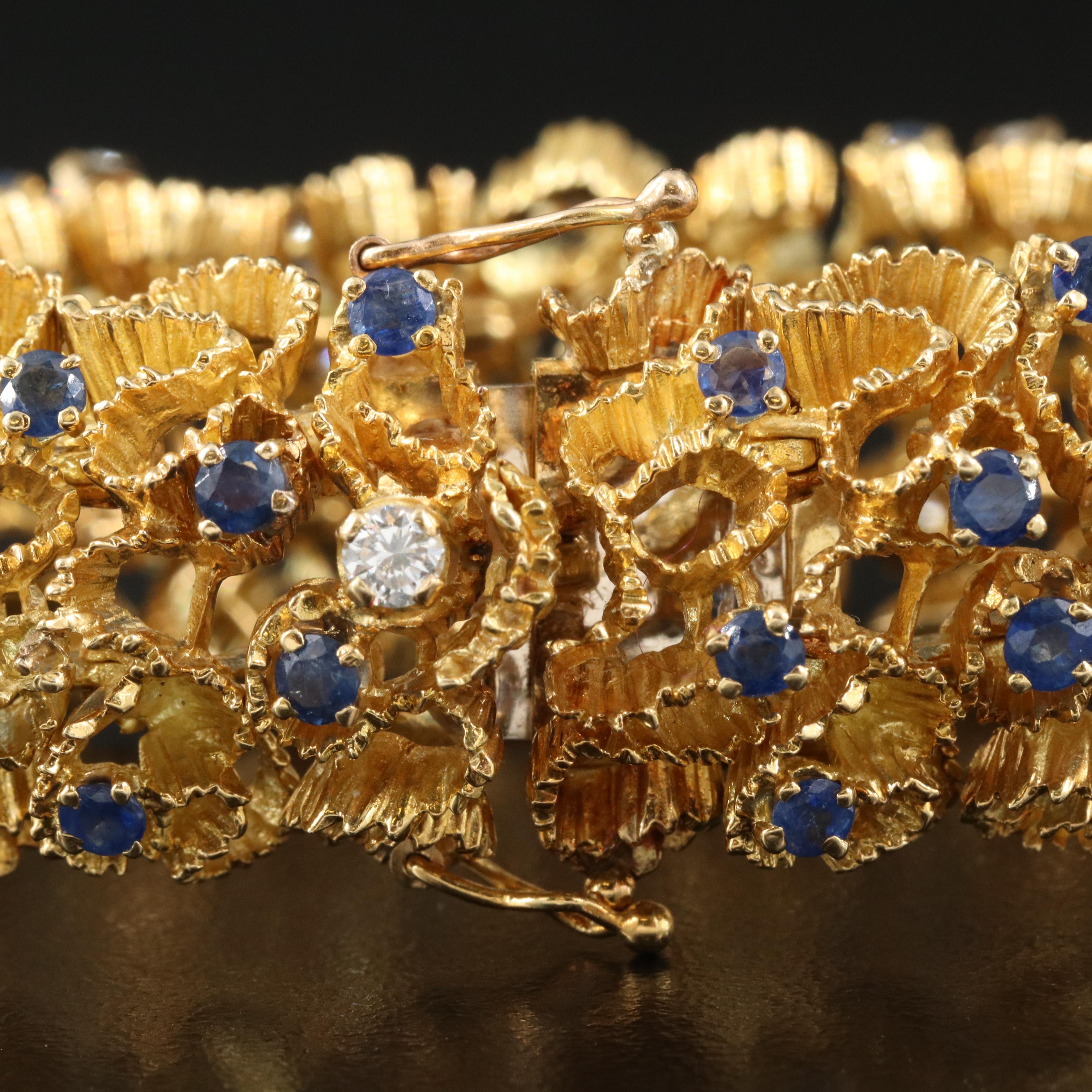 1960s 18K 1.83 CTW Diamond and Sapphire Ruffle Link Bracelet