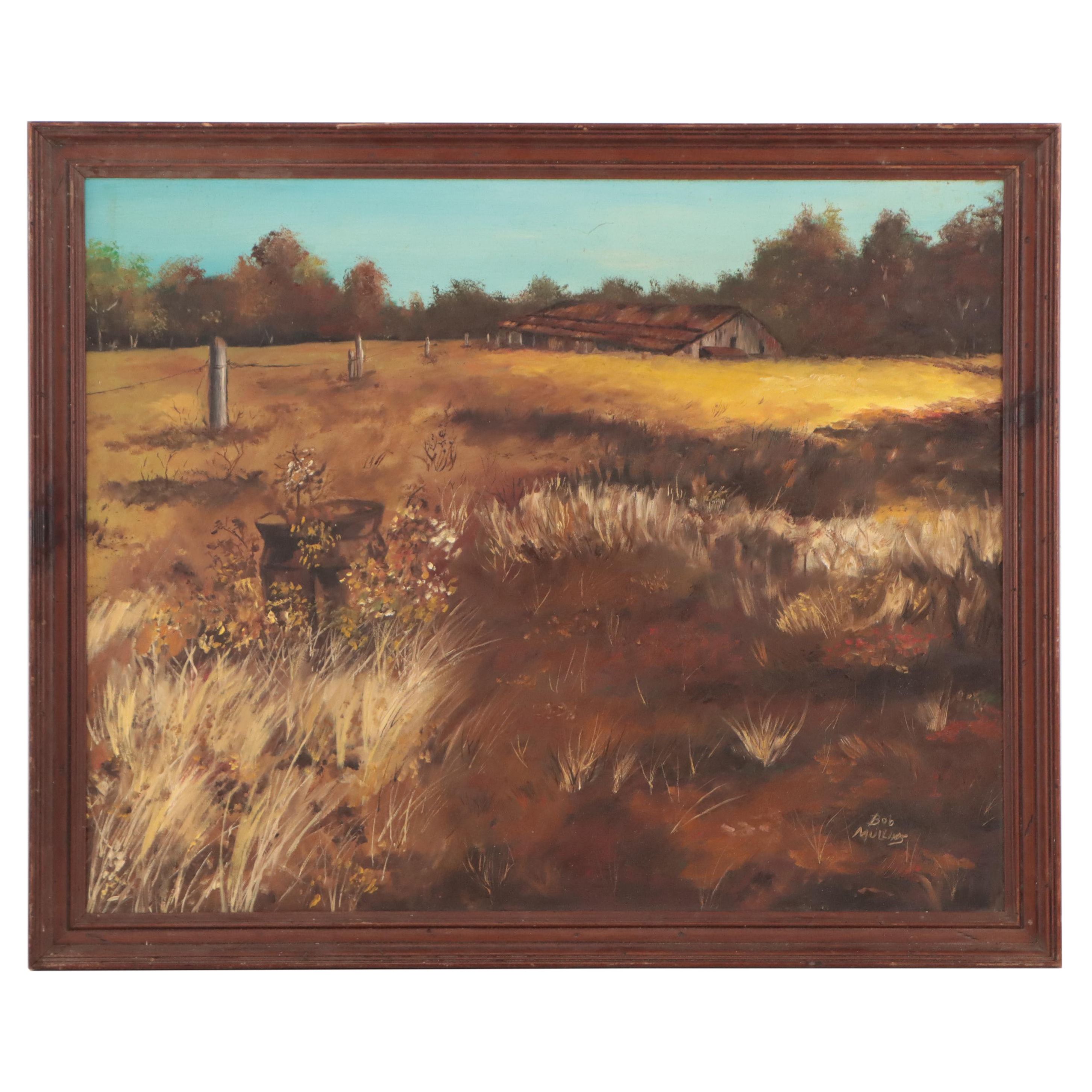 Bob Mullins Landscape With Barn Oil Painting, Circa 1975