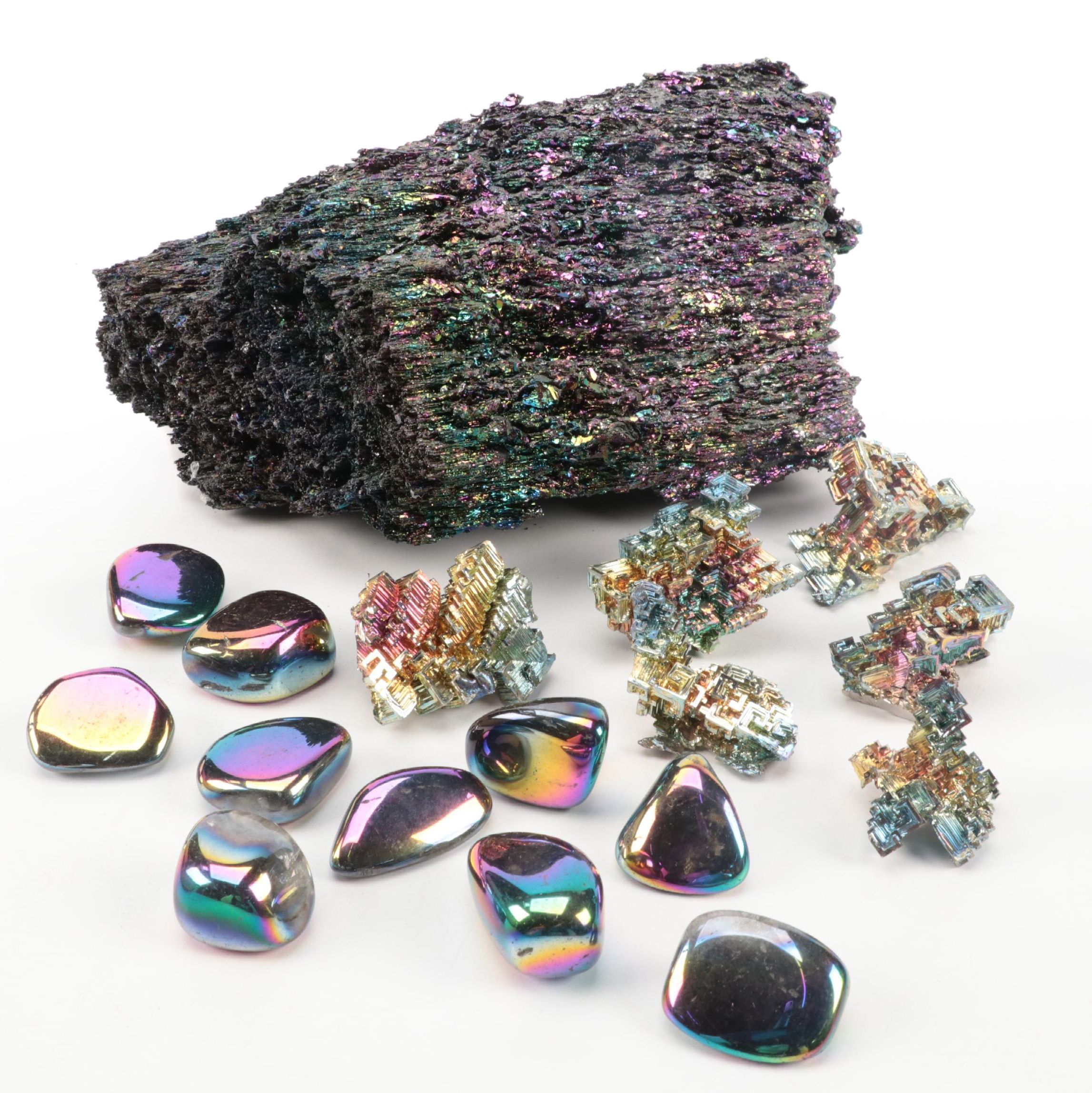 Polished and Raw Bismuth and Titanium Quartz Mineral Specimens