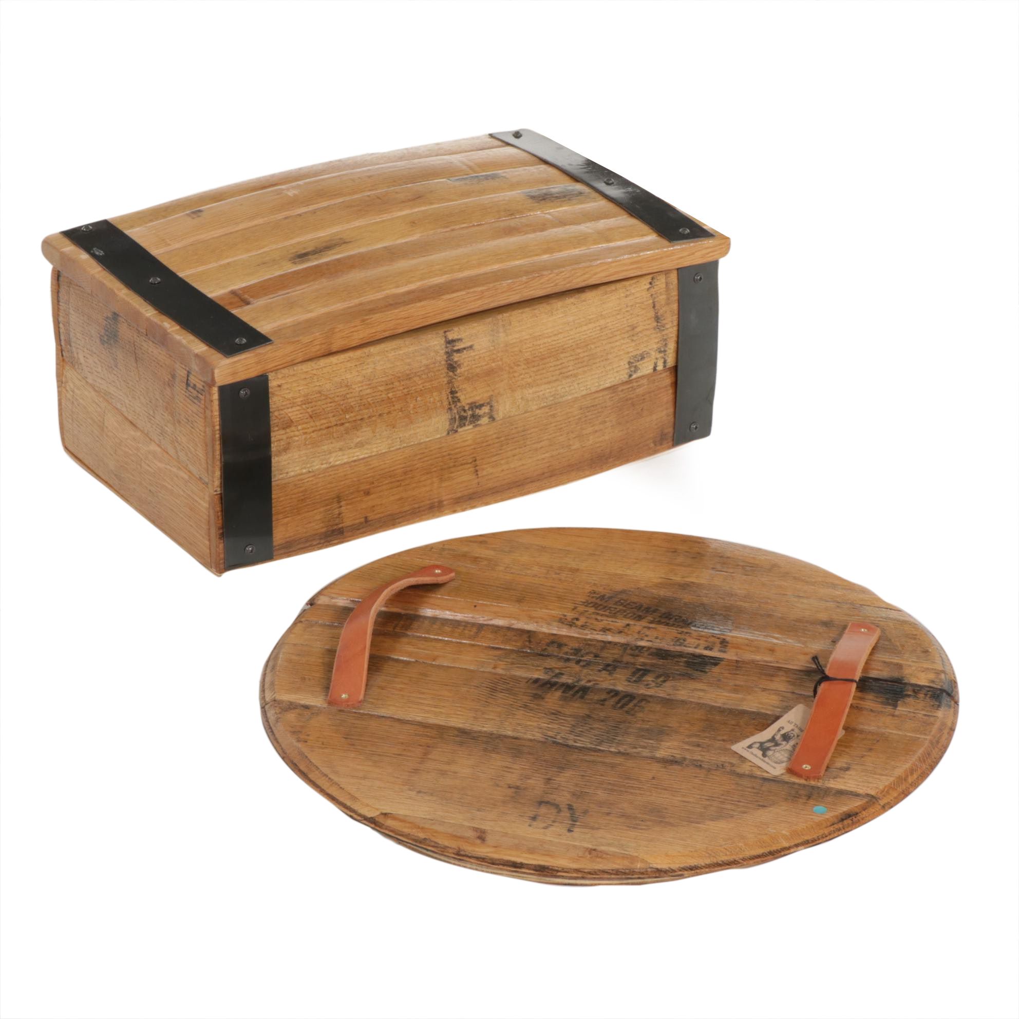 Oak Bourbon Barrel Head Tray with Metal Mounted Trunk