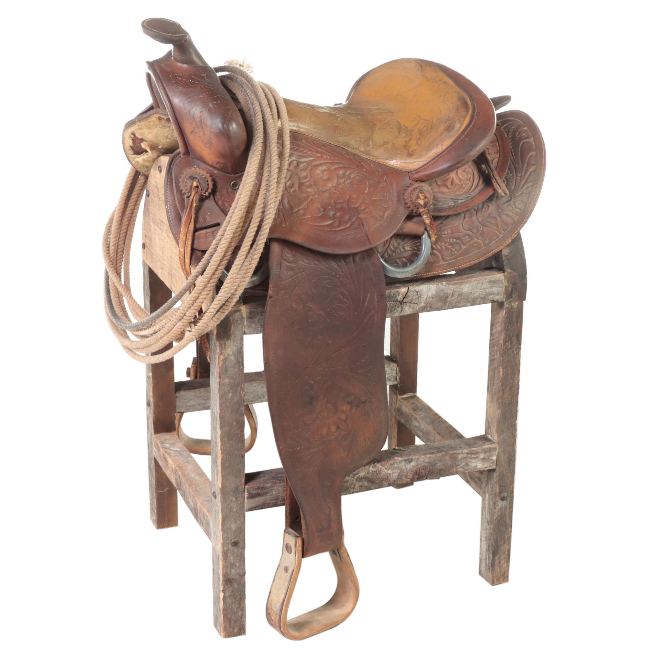 Tooled Leather Western Saddle with Stand and Roping Lasso