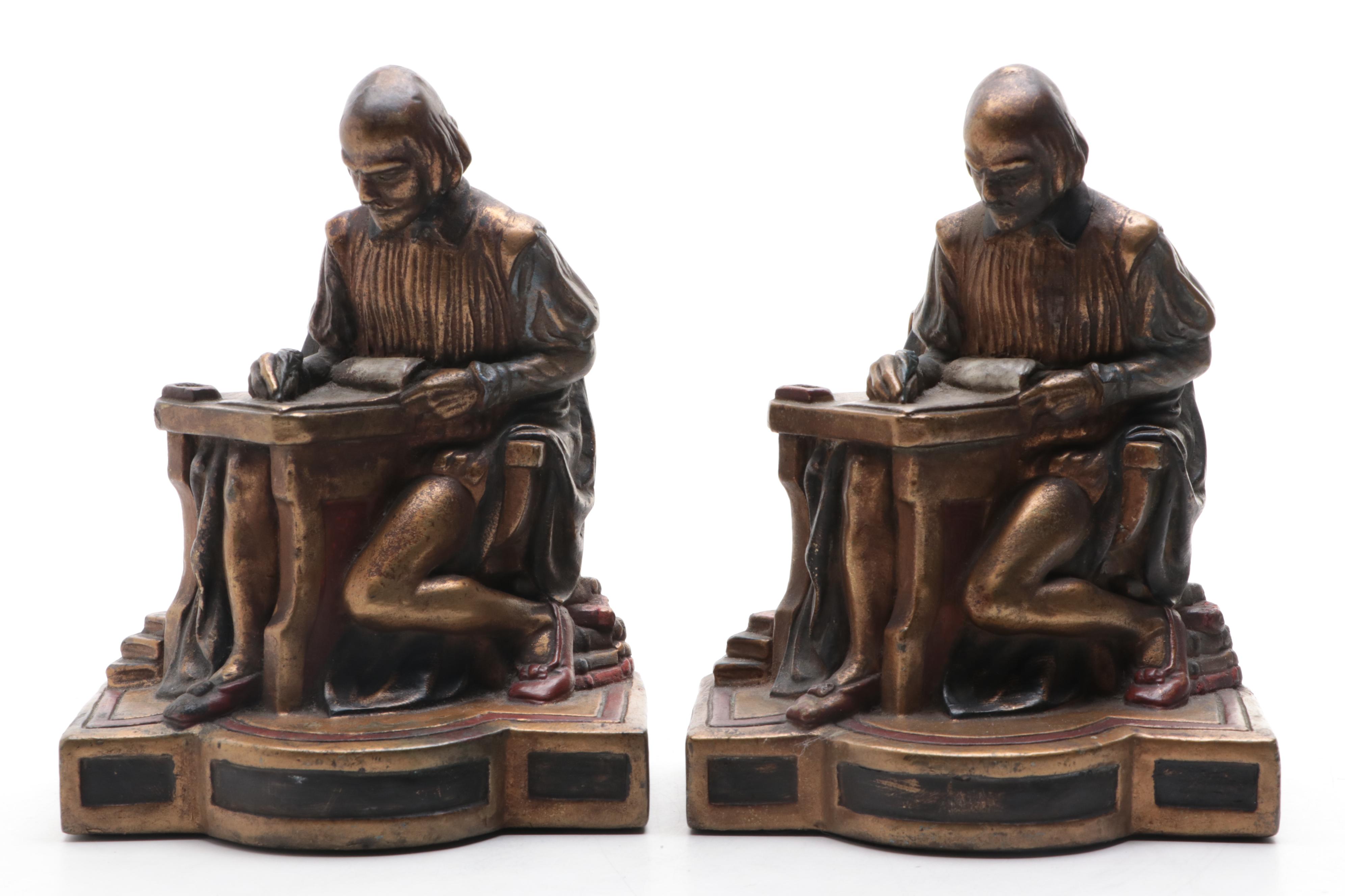 Armor Bronze Shakespeare Bronze Clad Bookends, Mid-20th Century