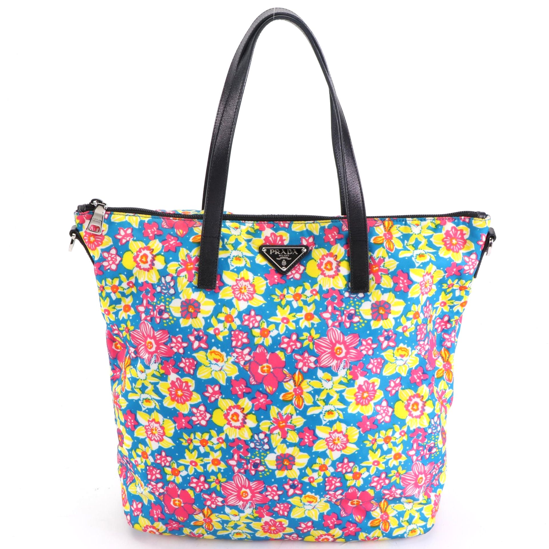 Prada Two-Way Tote in Floral Print Nylon with Saffiano Leather Trim