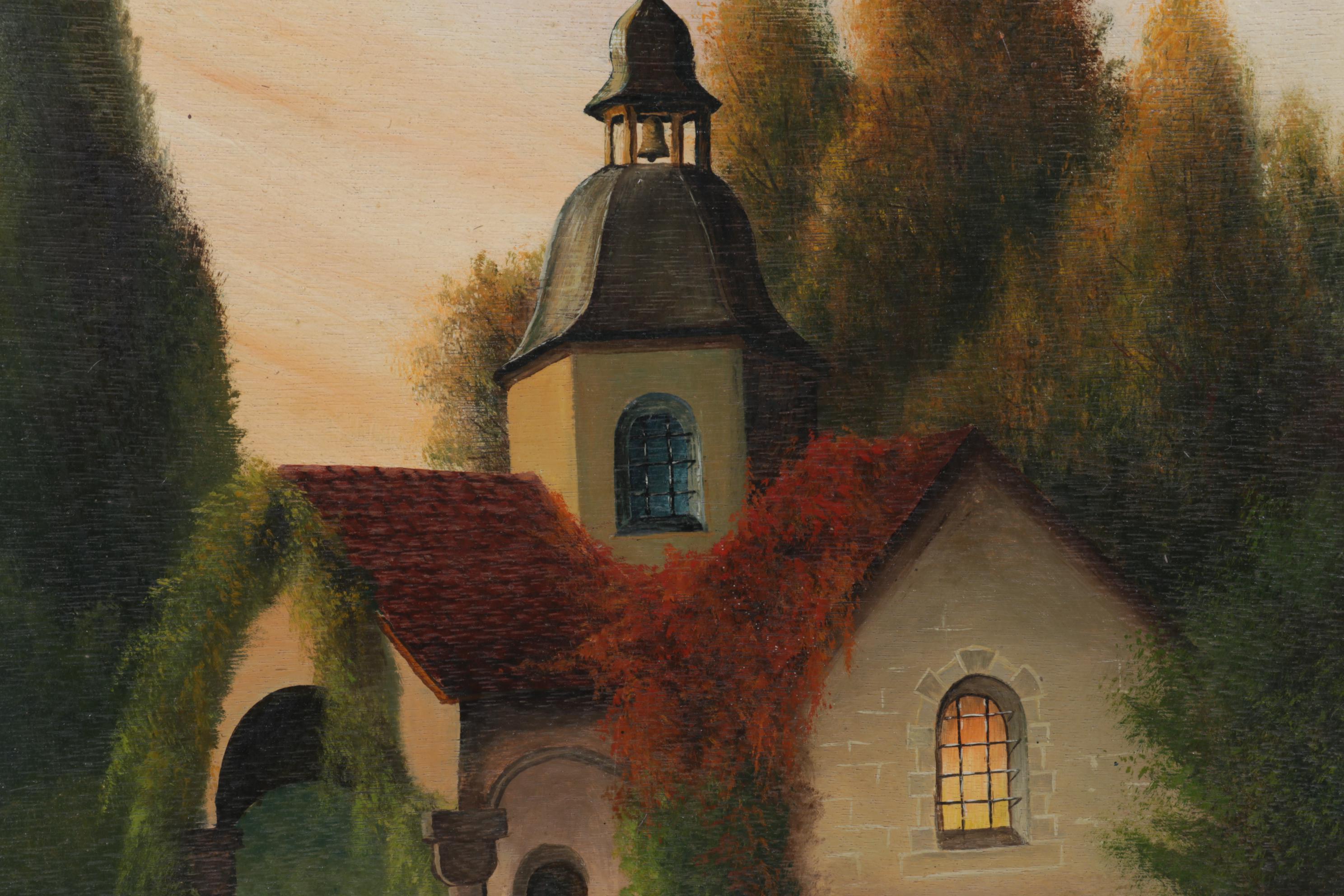 Hans Klesper Oil Painting of Small Bucolic Chapel, Circa 1970