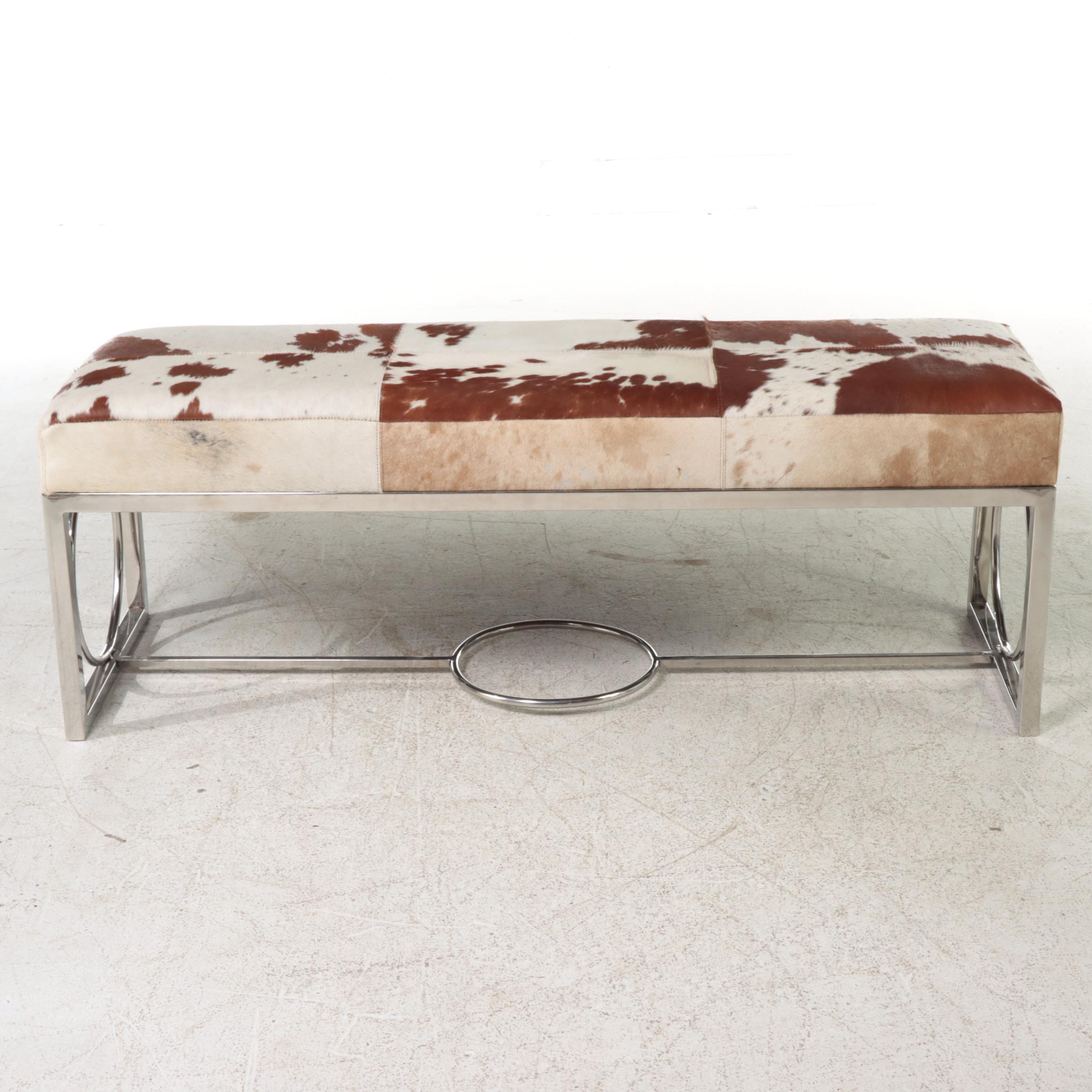 Modern Cowhide Upholstered and Chromed Metal Bench