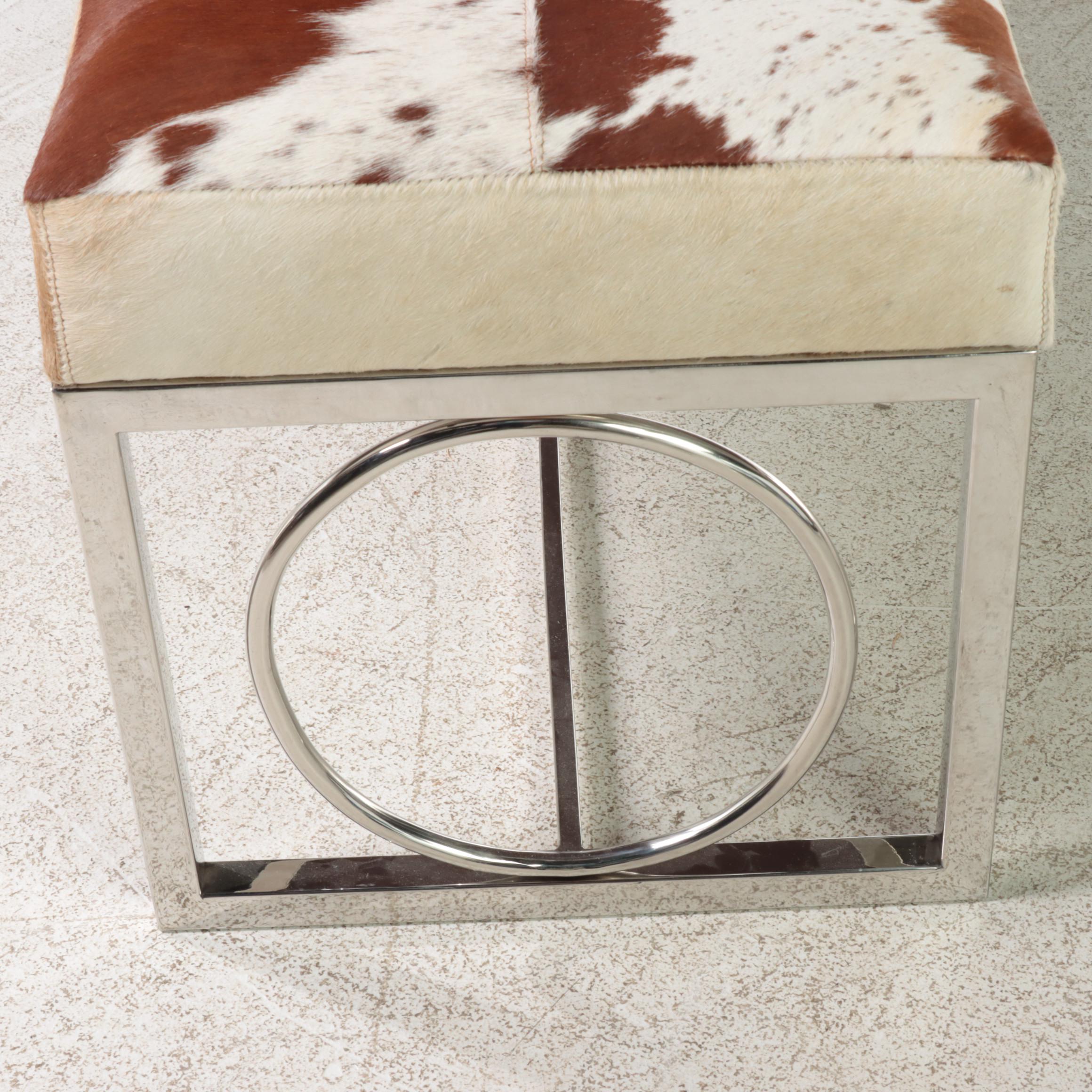 Modern Cowhide Upholstered and Chromed Metal Bench