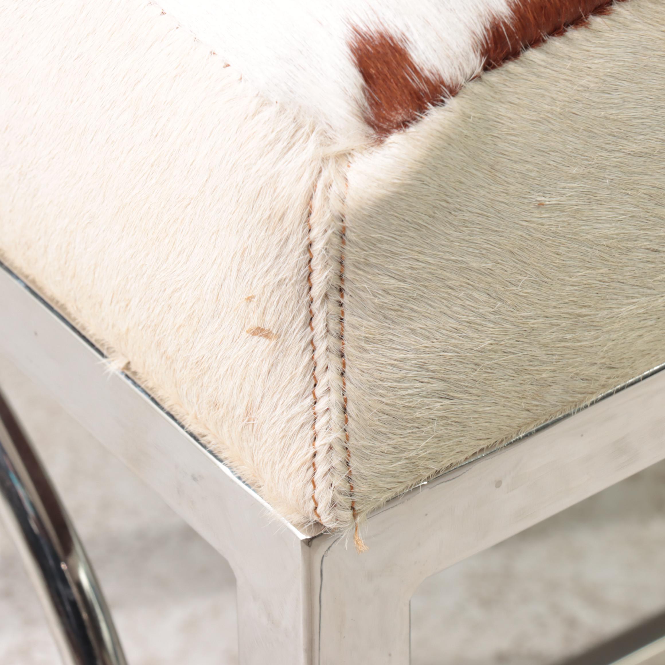 Modern Cowhide Upholstered and Chromed Metal Bench
