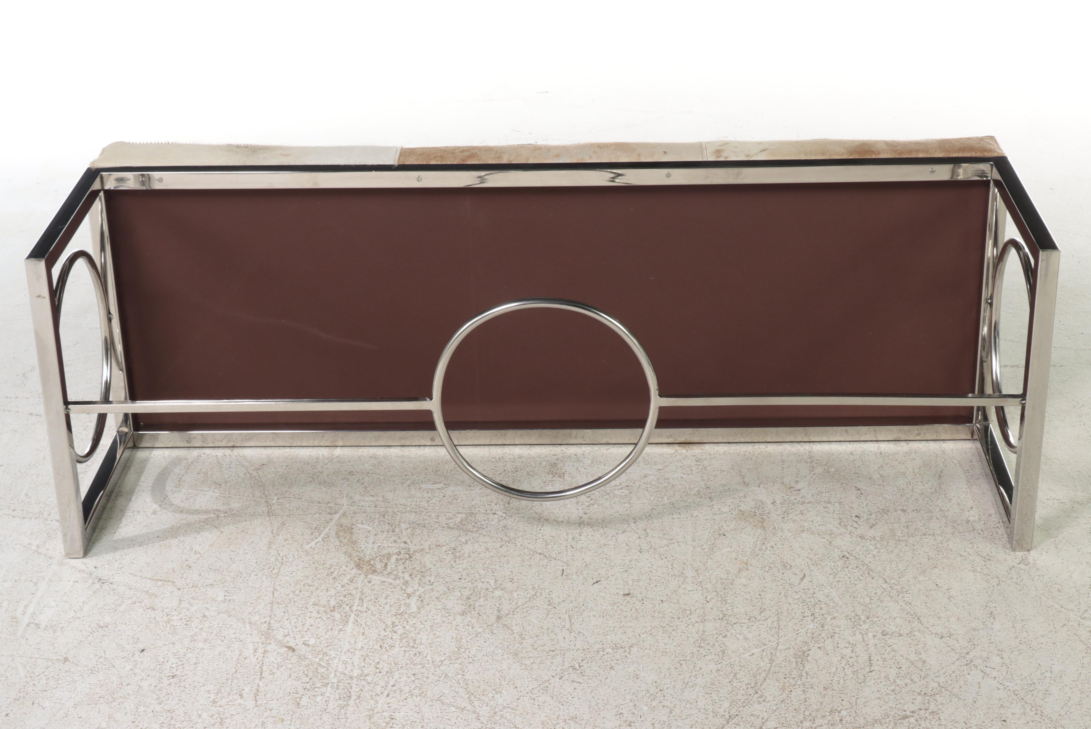 Modern Cowhide Upholstered and Chromed Metal Bench