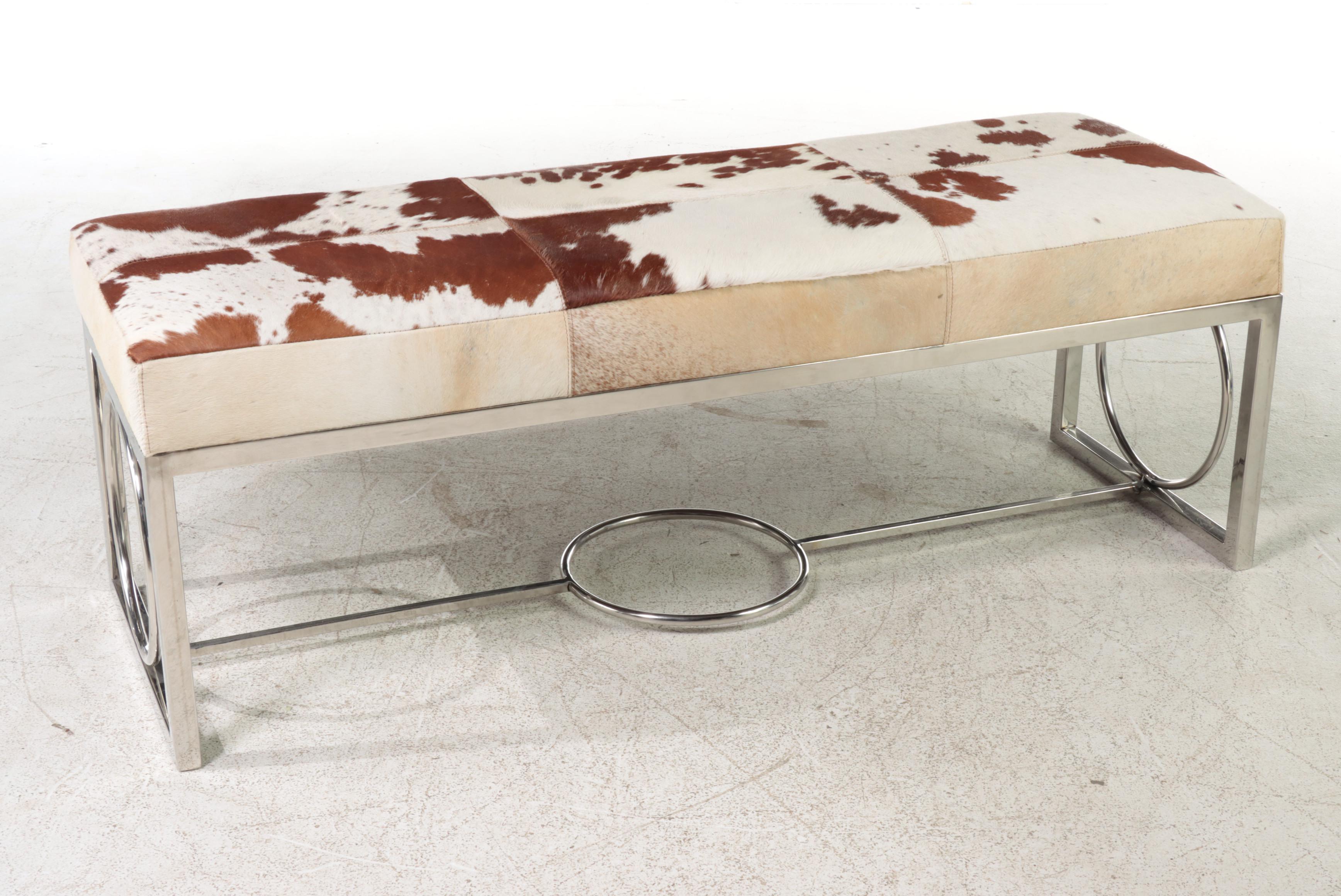 Modern Cowhide Upholstered and Chromed Metal Bench