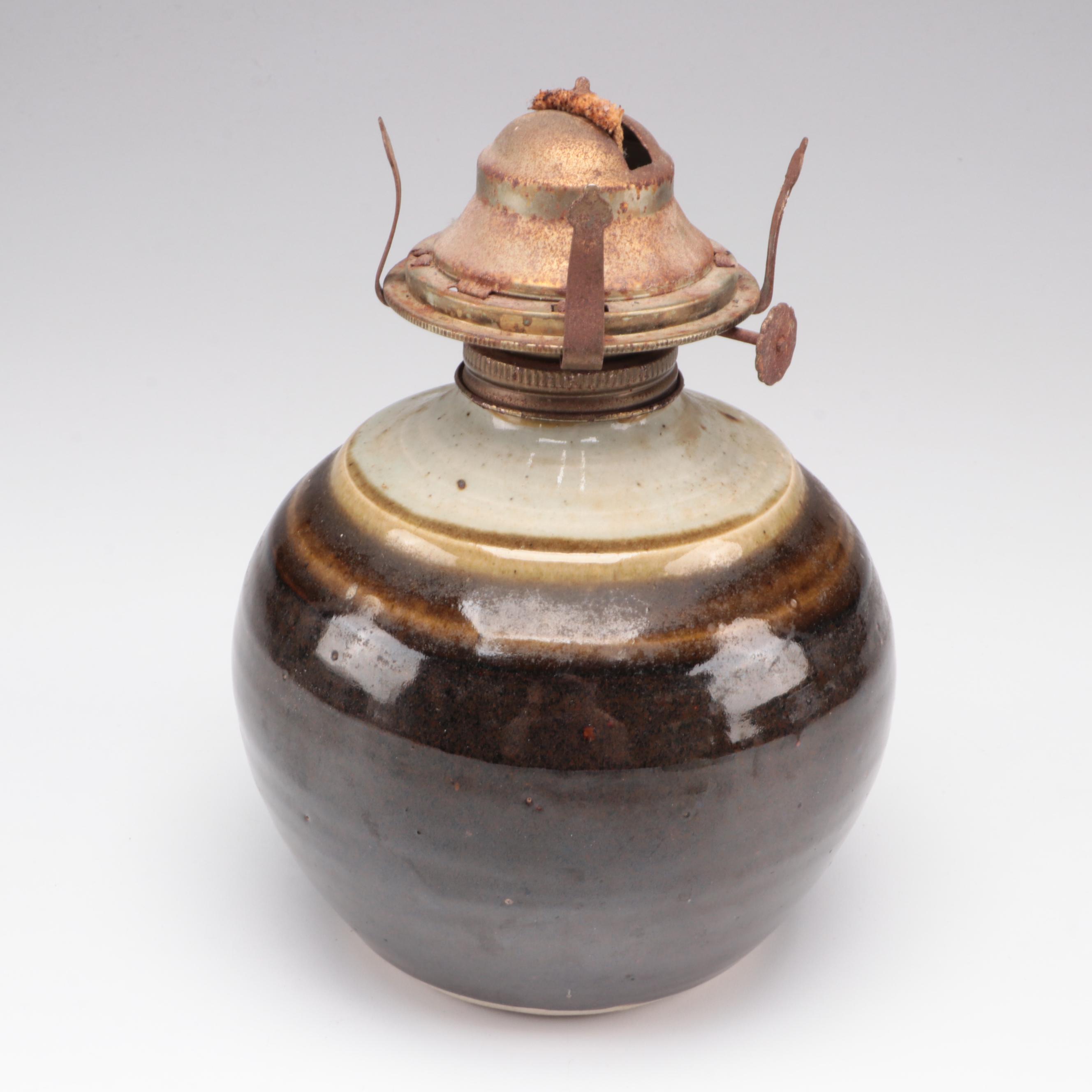 Plume & Atwood Pressed Glass Oil Lamp With Other Ceramic Oil Lamp