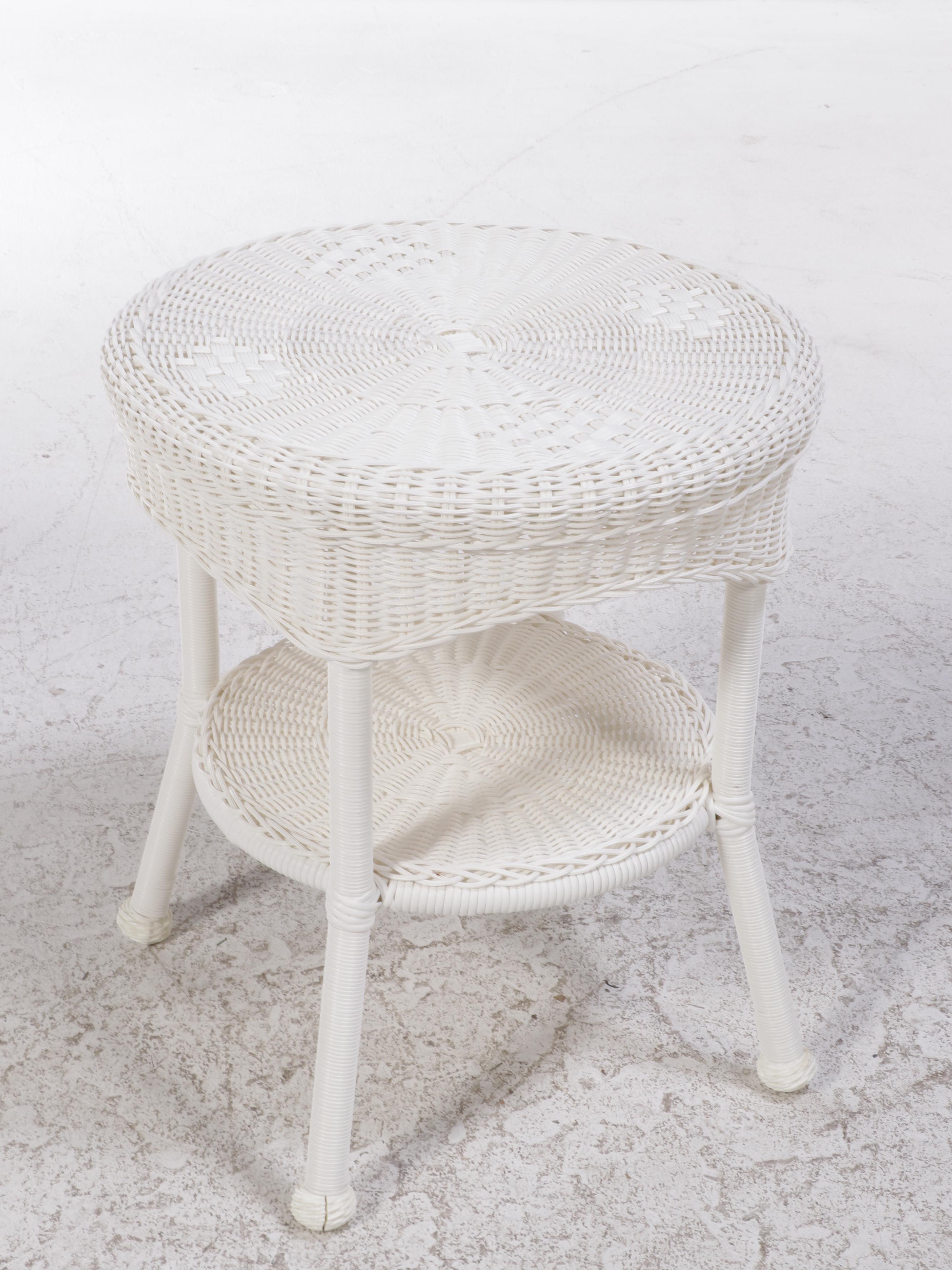 White Resin Wicker Side Table with Stool
