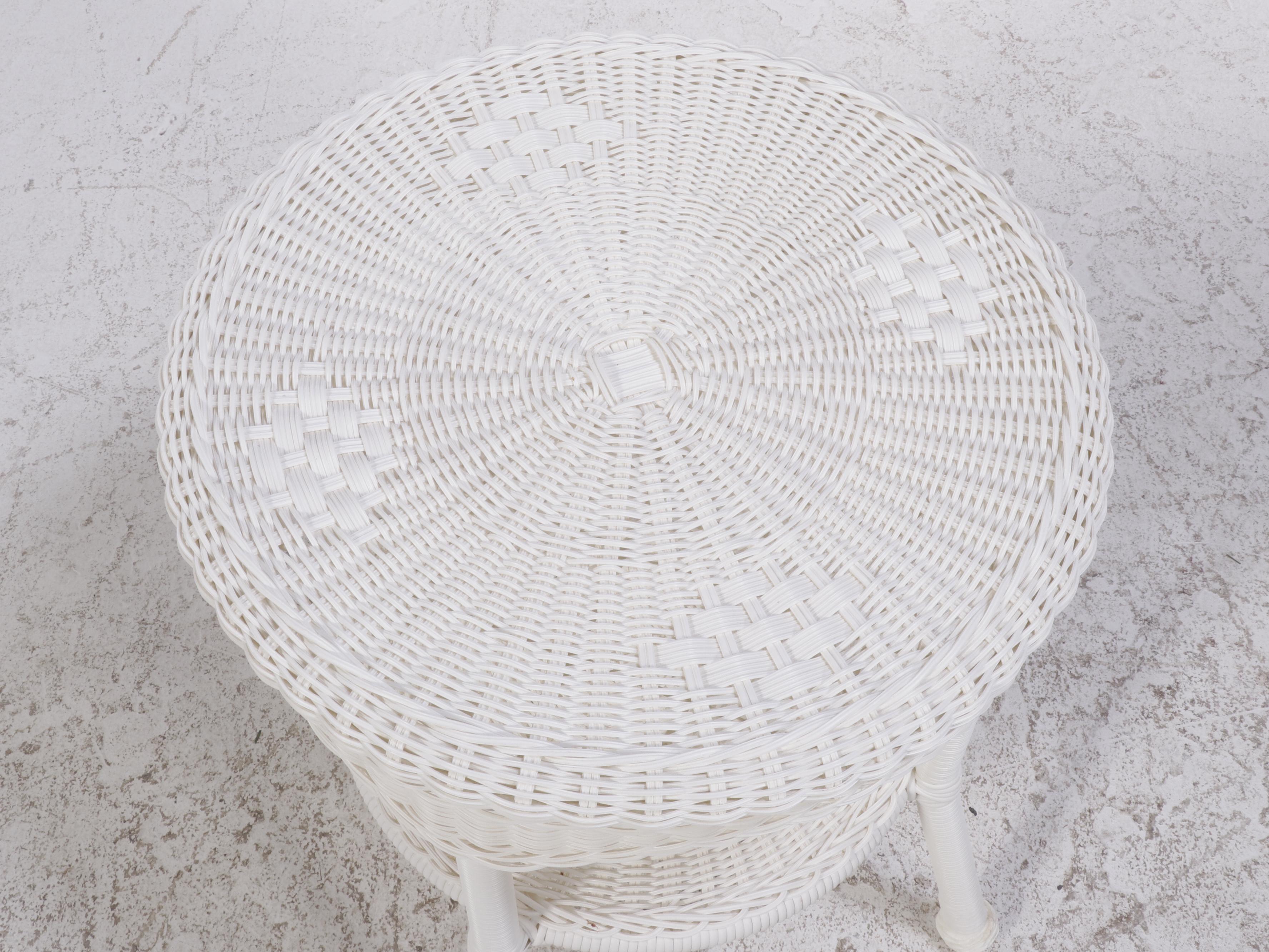 White Resin Wicker Side Table with Stool