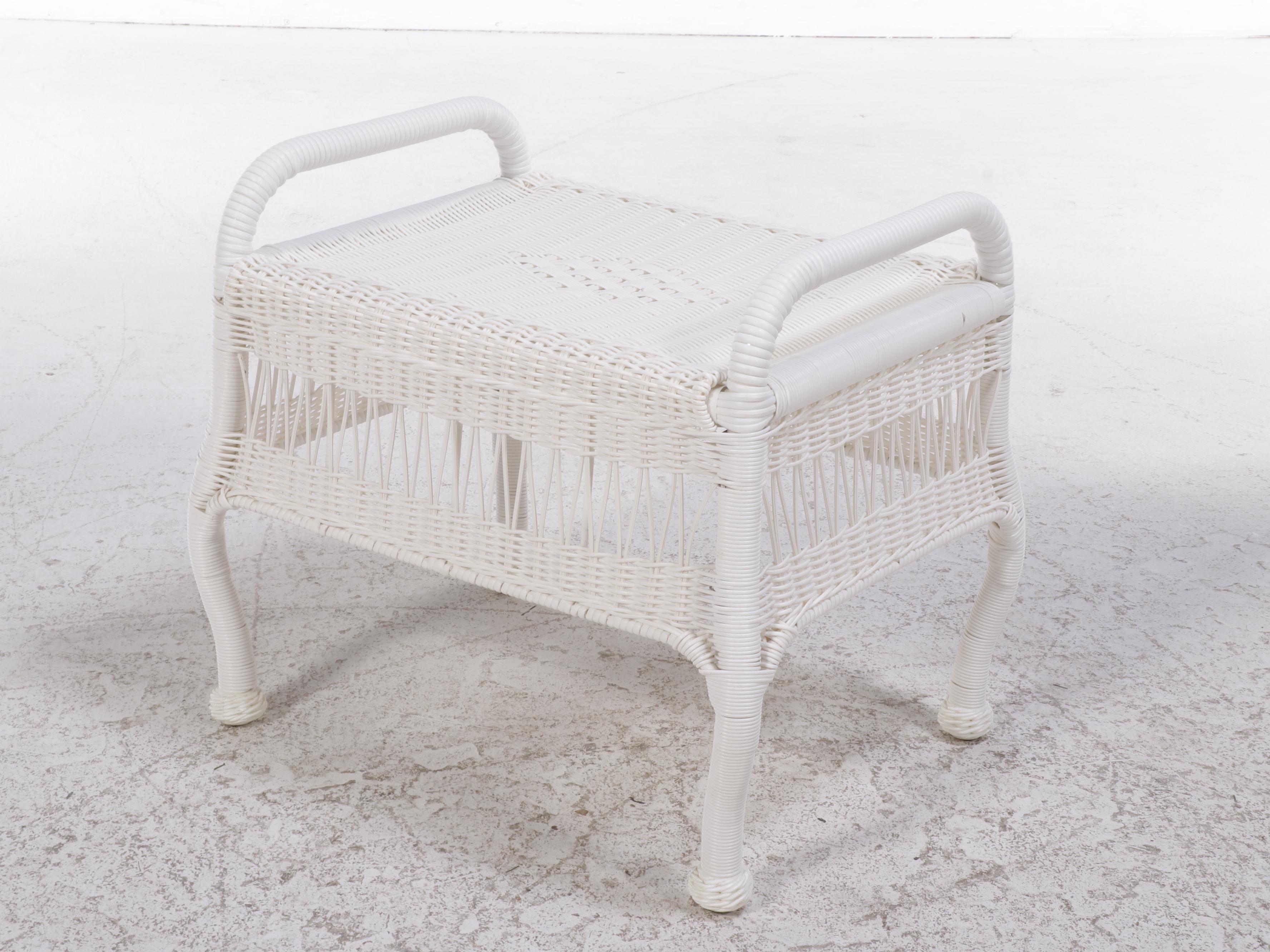 White Resin Wicker Side Table with Stool