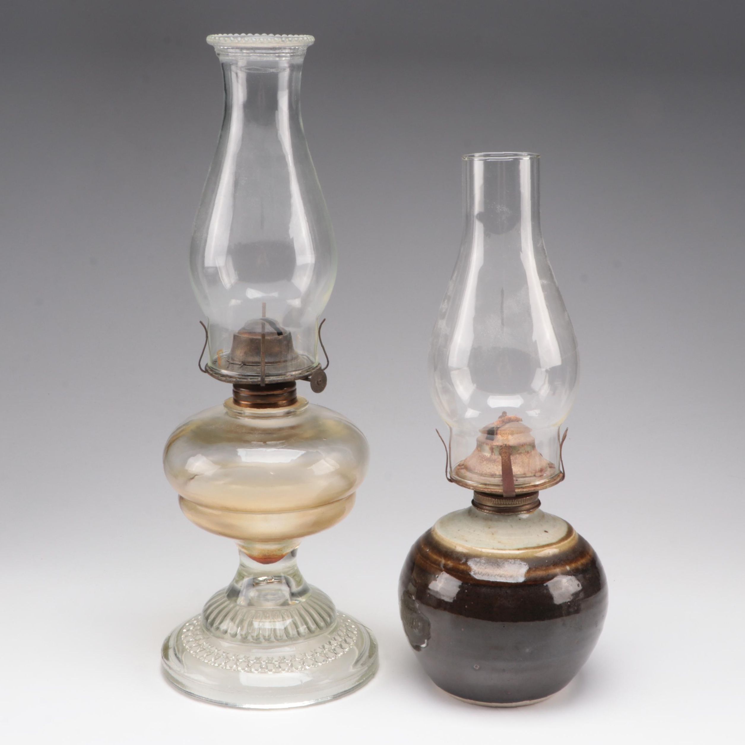 Plume & Atwood Pressed Glass Oil Lamp With Other Ceramic Oil Lamp