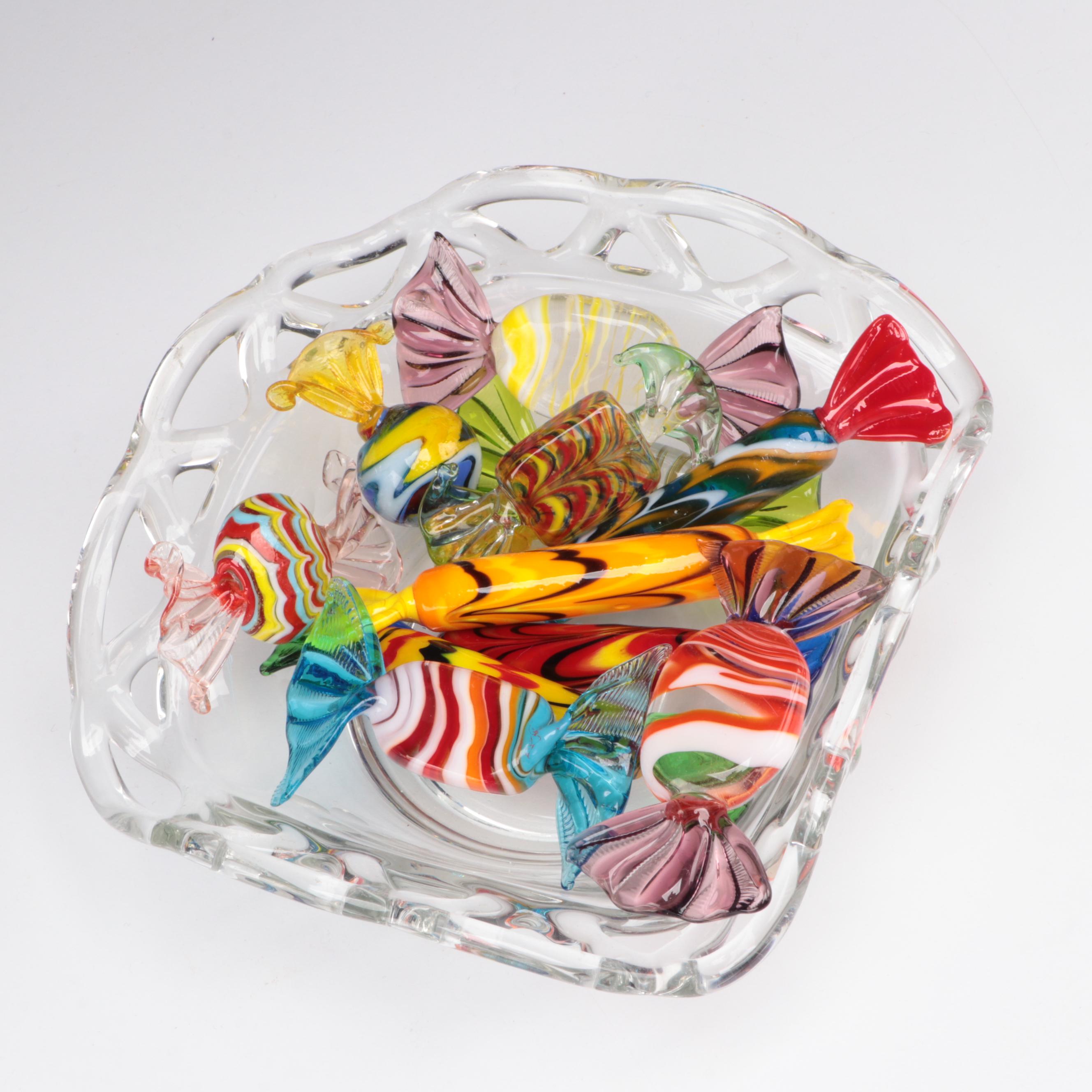 Reticulated Clear Glass Candy Bowl With Art Glass Candies