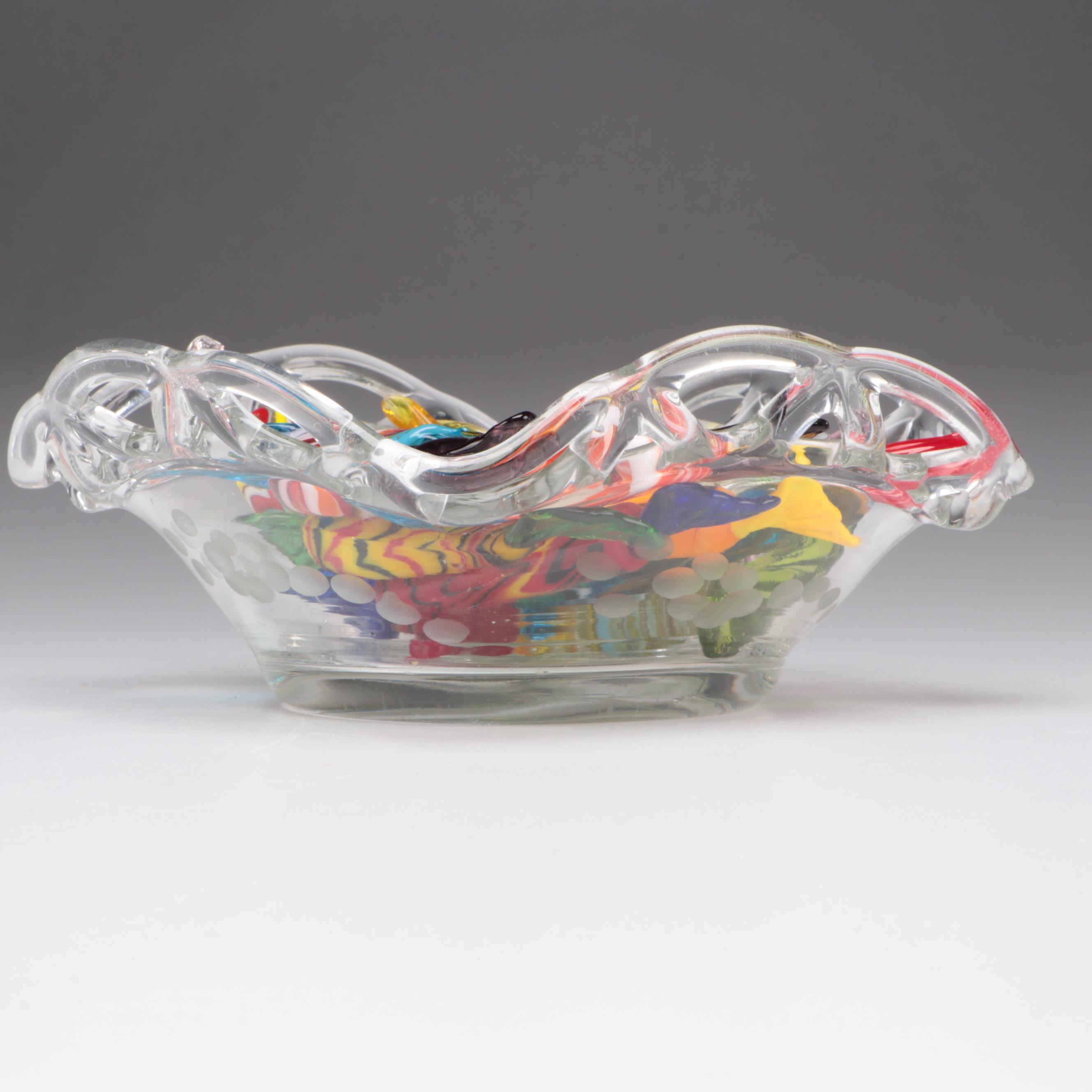 Reticulated Clear Glass Candy Bowl With Art Glass Candies