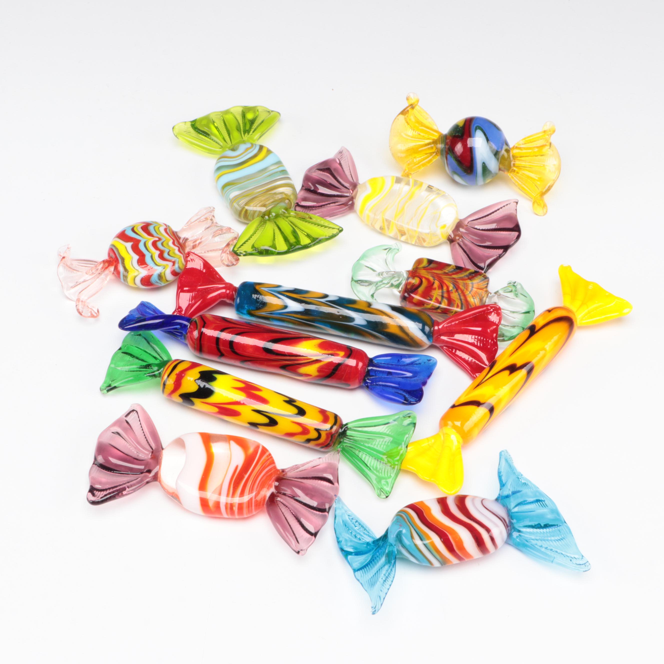 Reticulated Clear Glass Candy Bowl With Art Glass Candies