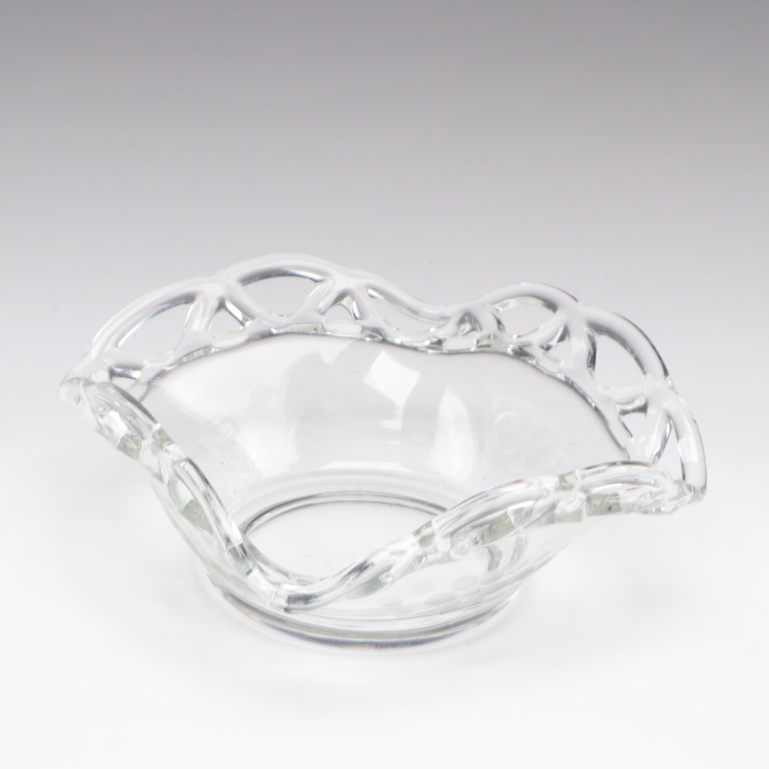 Reticulated Clear Glass Candy Bowl With Art Glass Candies