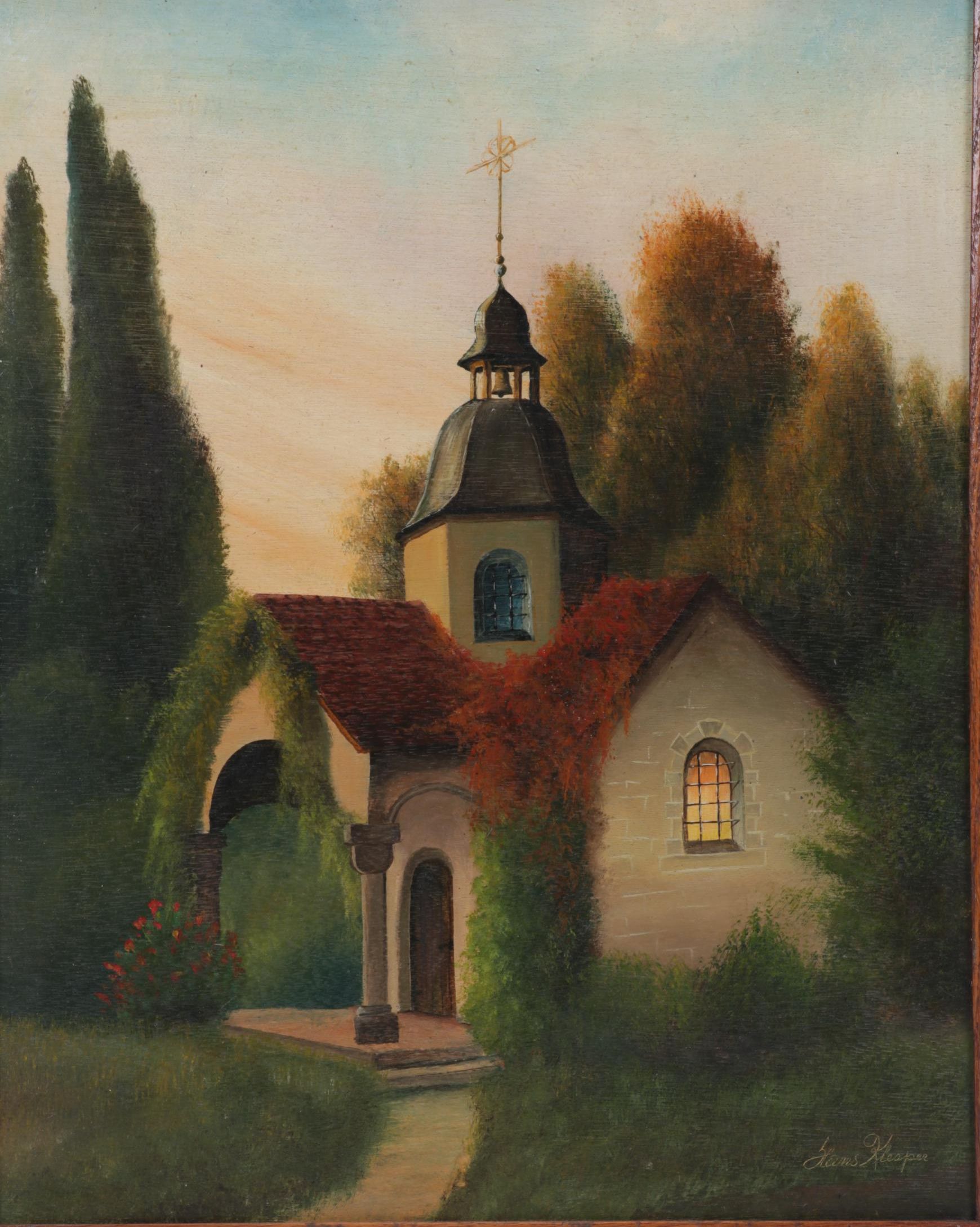 Hans Klesper Oil Painting of Small Bucolic Chapel, Circa 1970