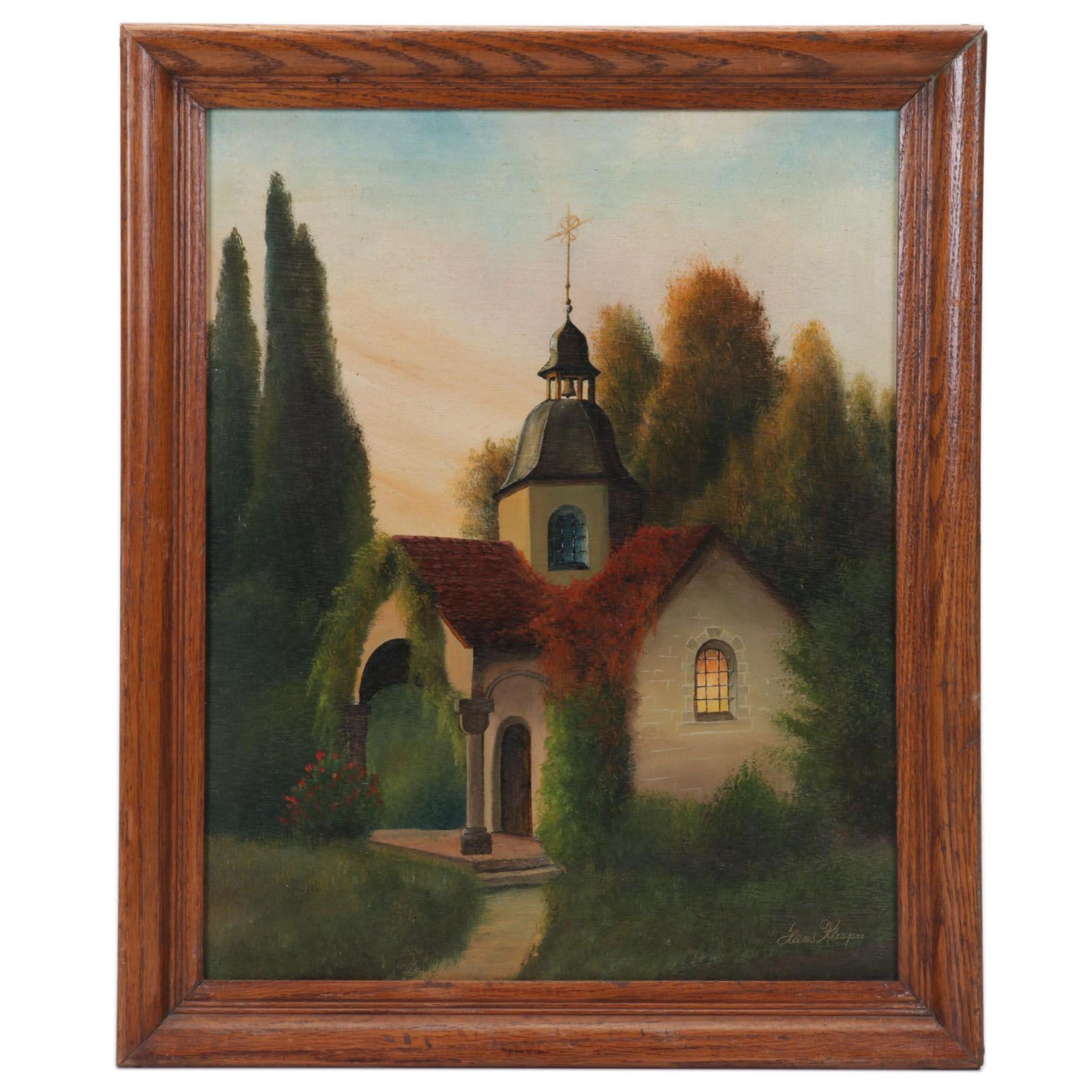 Hans Klesper Oil Painting of Small Bucolic Chapel, Circa 1970