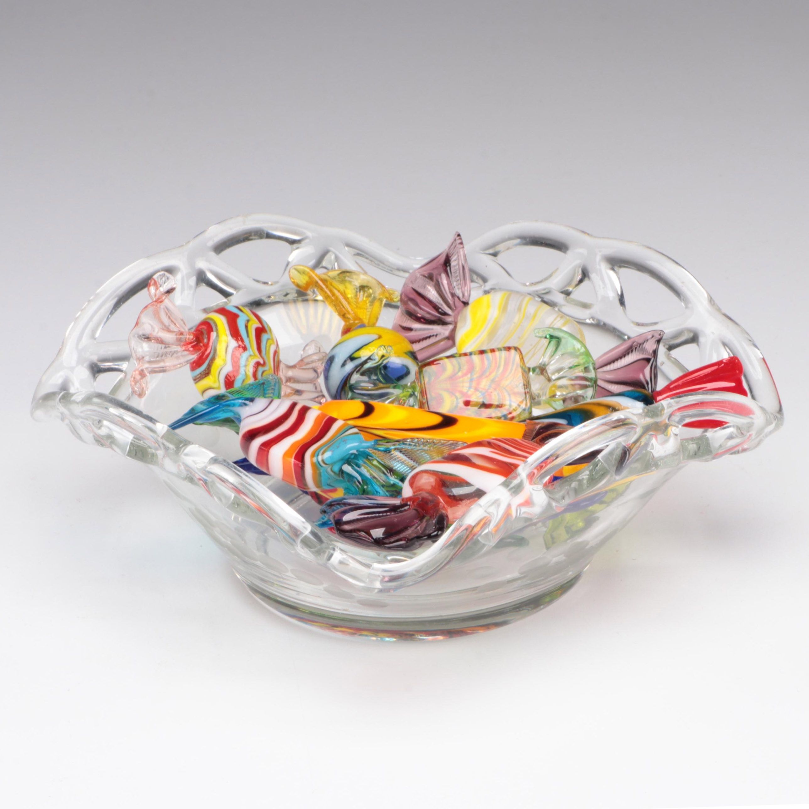 Reticulated Clear Glass Candy Bowl With Art Glass Candies